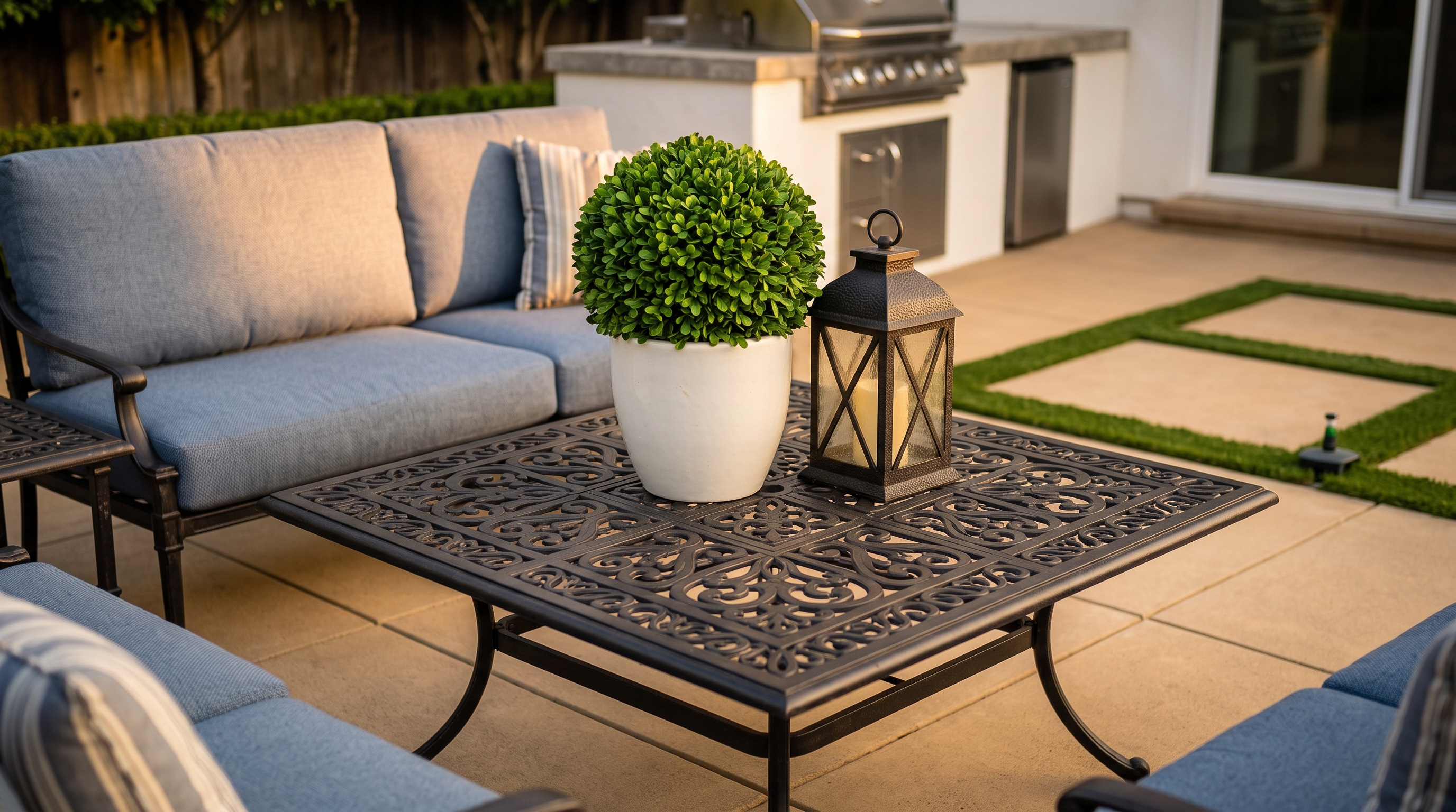 This stunning backyard oasis features a modern pool with integrated steps, adjacent to a structured patio area with artificial turf and paver grid patterns. The outdoor living space is beautifully appointed with high-end blue patio furniture, an outdoor kitchen, and a dining set, all framed by manicured privacy hedges. It presents a luxurious and serene atmosphere, ideal for hosting guests and enjoying leisure time.