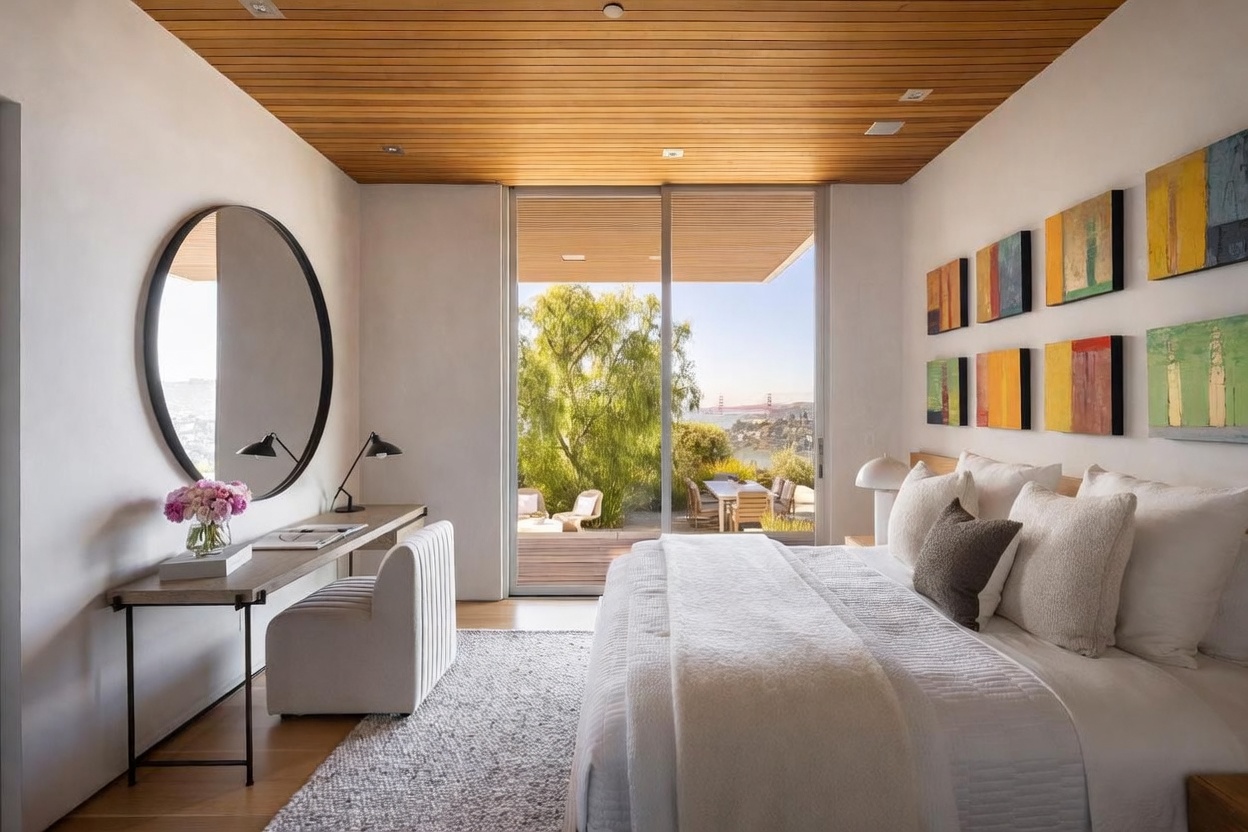 This serene primary bedroom features a warm wood-paneled ceiling and a large glass sliding door that opens to a deck with a scenic view of the Golden Gate Bridge. The room is furnished with a plush bed, a sleek desk with a circular mirror, and a gallery of colorful abstract art on the wall. The neutral color palette and natural light create an airy, sophisticated atmosphere.