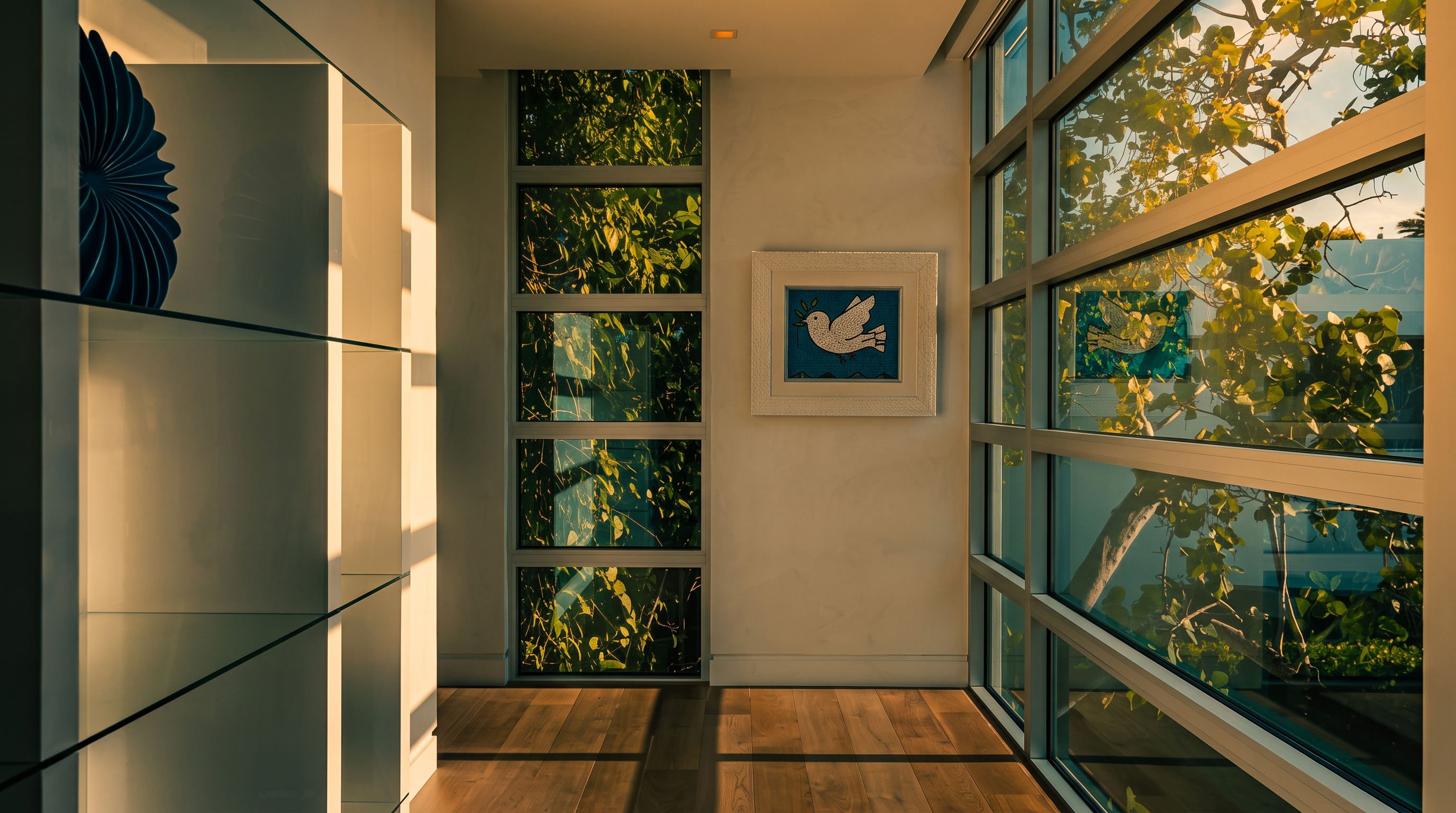 This bright, modern hallway features light wood flooring and a minimalist aesthetic. A wall of floor-to-ceiling windows on the right provides an expansive view of lush greenery, while a glass-shelved display unit on the left adds a contemporary touch. A framed piece of art depicting a bird hangs on the back wall, creating a serene and gallery-like atmosphere.