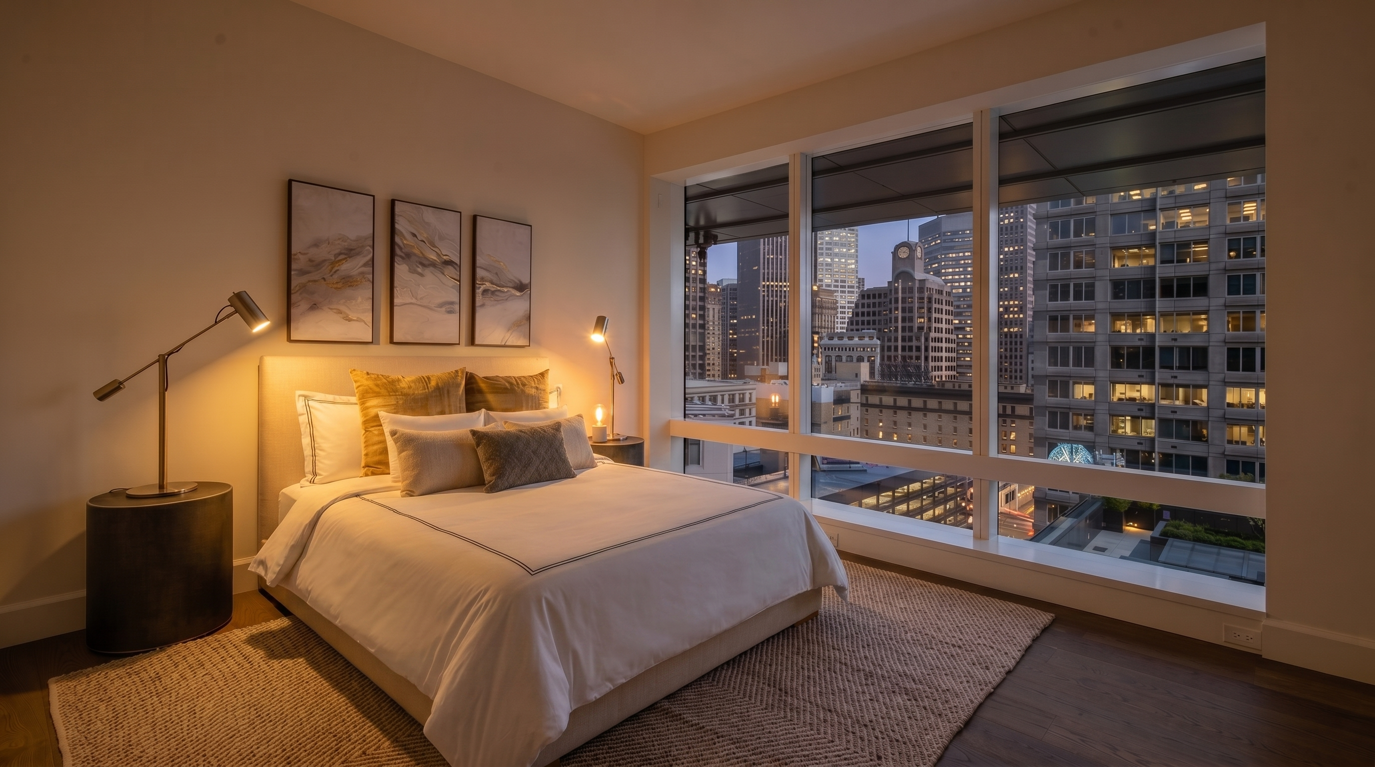 This contemporary primary bedroom features a plush bed with layered gold and neutral pillows, complemented by minimalist art prints and modern bedside lighting. The room is anchored by a textured area rug over hardwood floors and is defined by expansive floor-to-ceiling windows that provide striking, light-filled city skyline views.