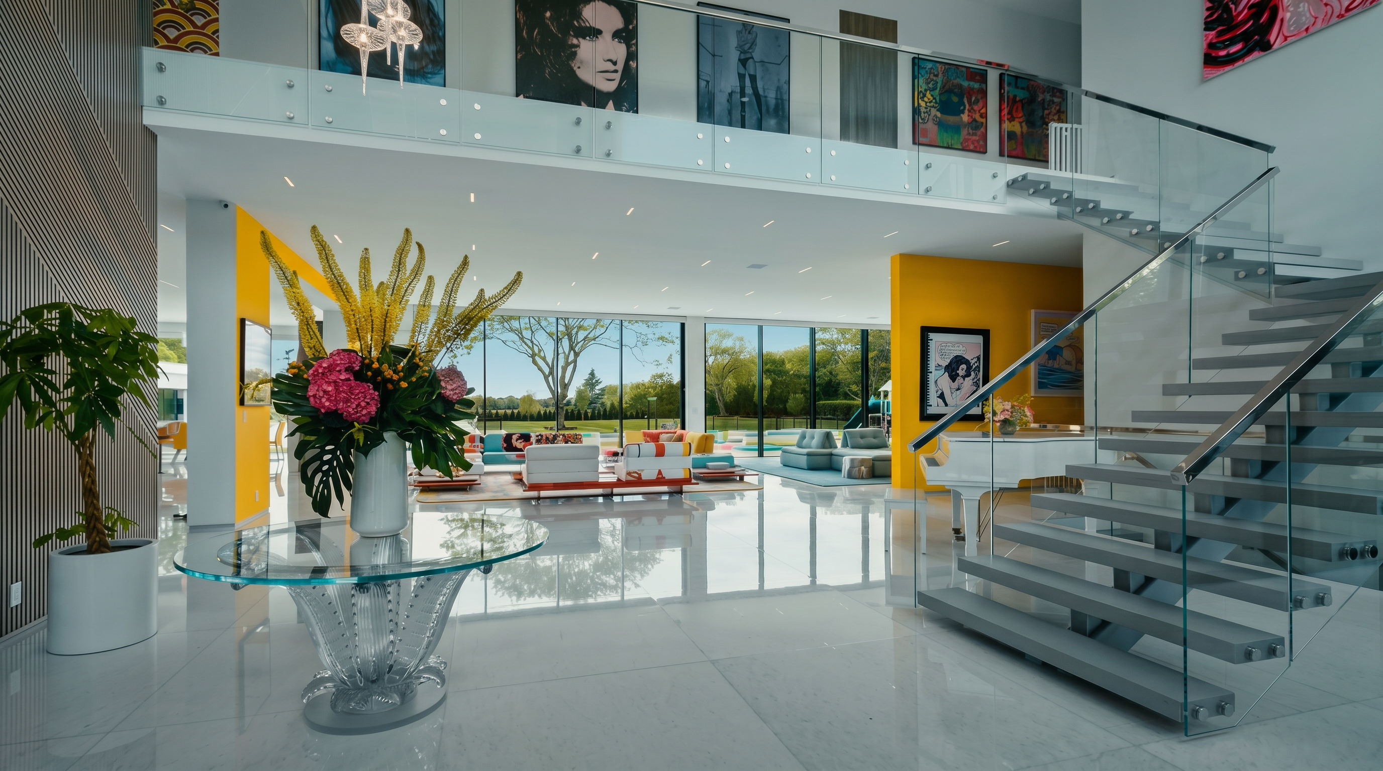 This expansive, double-height living area features a bright, contemporary aesthetic with high-gloss white flooring and vibrant yellow accent walls. A grand glass-topped table with a sculptural base serves as a focal point in the foreground, while a floating staircase with glass railings leads to an upper gallery adorned with large-scale art. The space is bathed in natural light from expansive windows that offer a clear view of the lush green landscape outside.