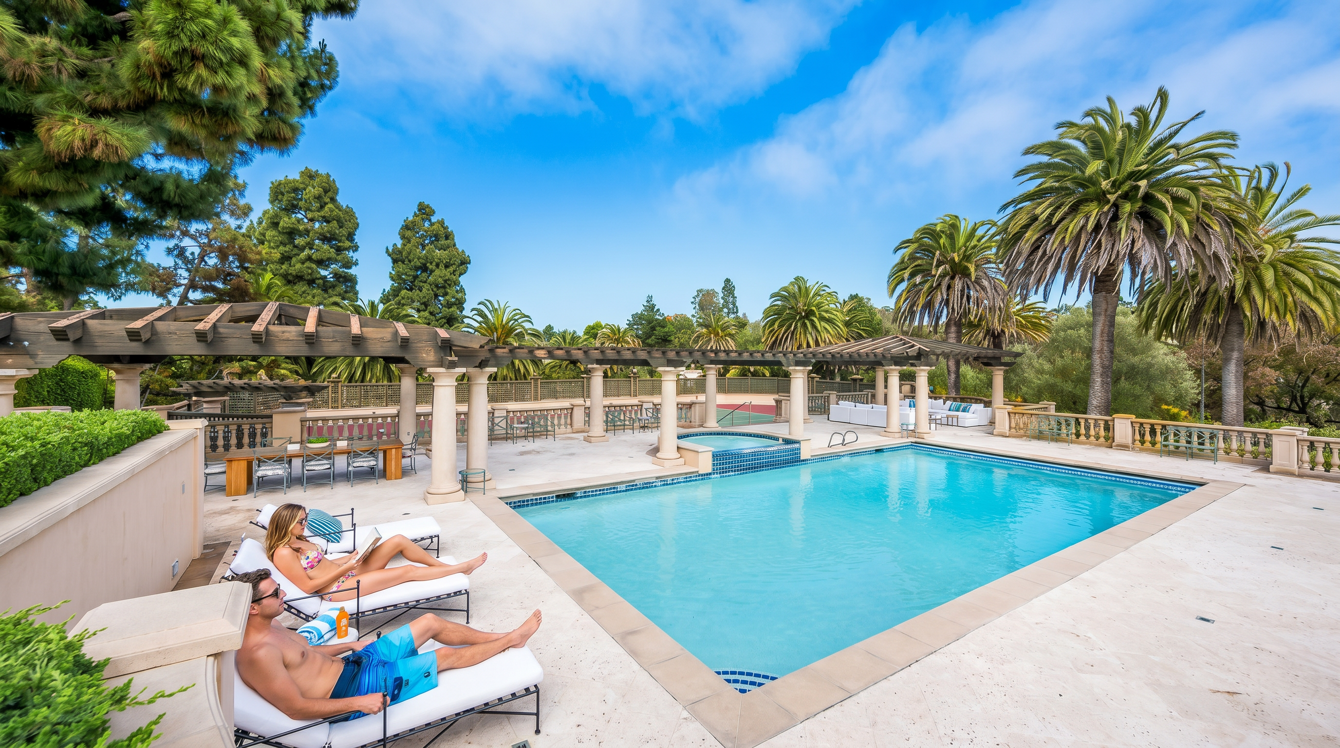 This luxurious outdoor living space features a crystal-clear swimming pool with a built-in spa, framed by an elegant pergola with stone columns. The expansive stone deck includes multiple lounging areas, a dining set, and comfortable outdoor seating, all set against a backdrop of lush palm trees and a bright blue sky. It provides a highly desirable, resort-like atmosphere ideal for relaxation and entertaining.