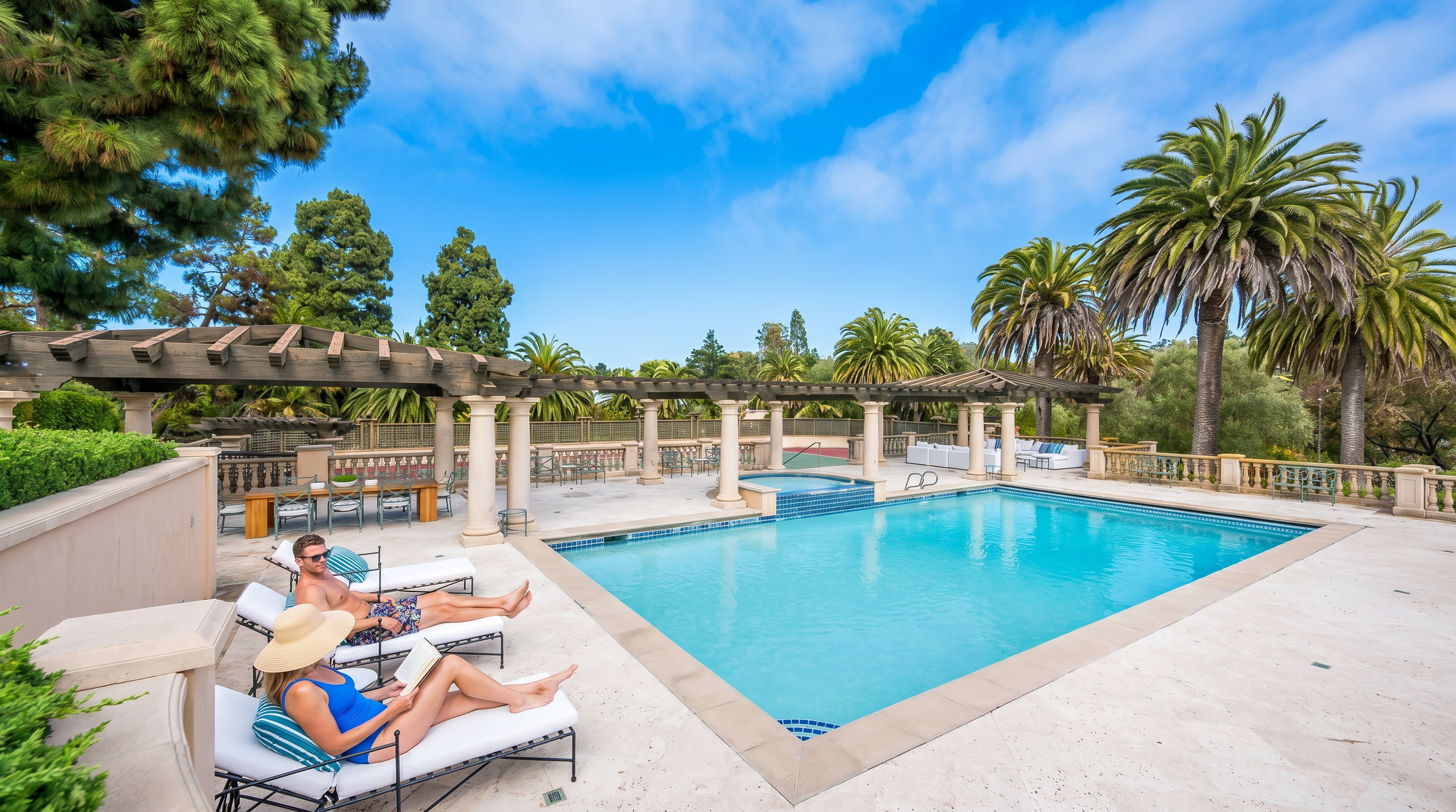 This luxurious outdoor pool area features a pristine, rectangular swimming pool with an integrated spa, surrounded by expansive stone decking and manicured landscaping. A shaded pergola provides a sophisticated dining area, while loungers offer a perfect space for relaxation with palm trees framing the scenic, resort-like environment. The combination of classic architecture and serene atmosphere makes this an ideal setting for high-end outdoor entertaining.