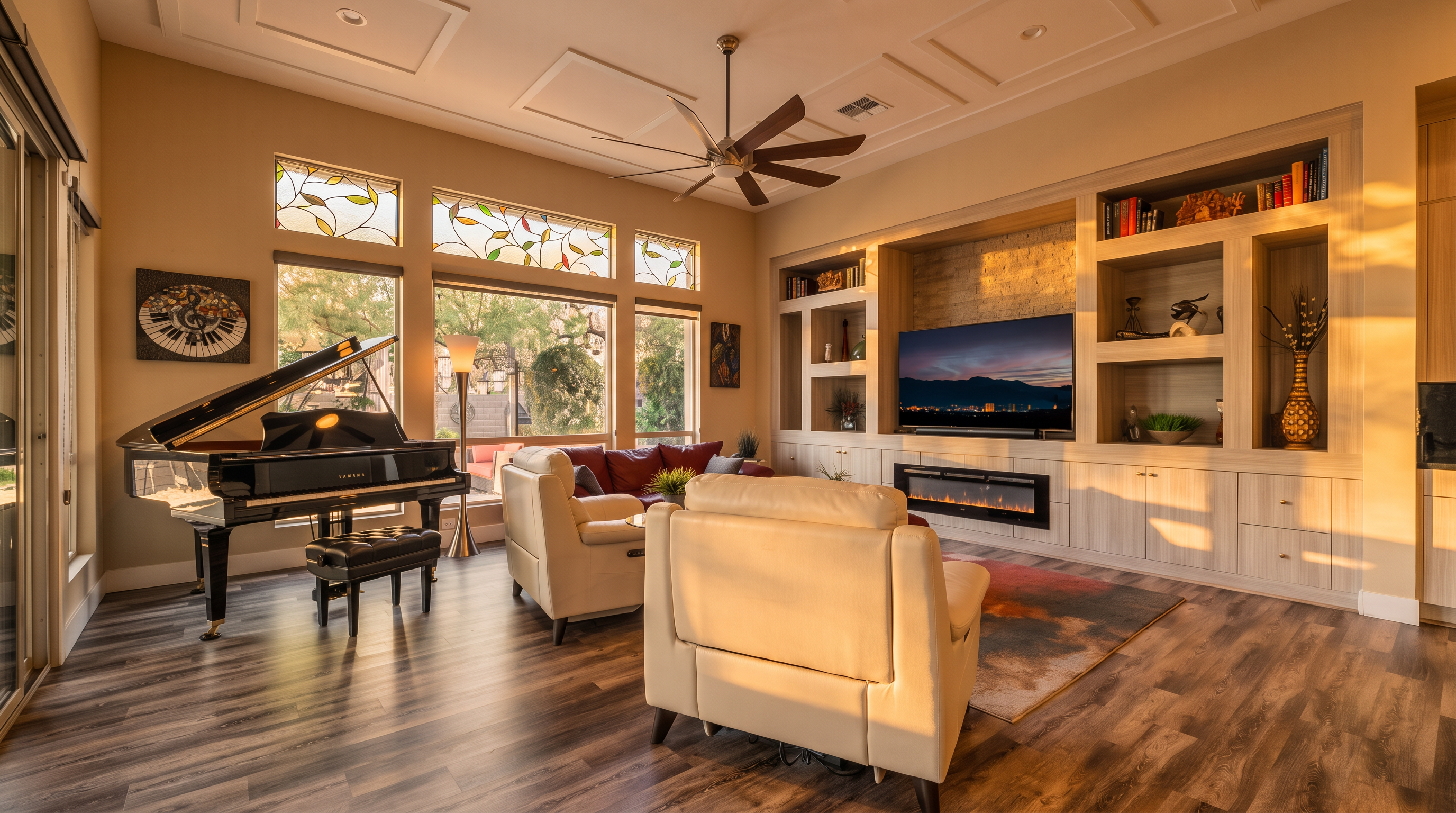This spacious, open-concept living room features wood-look flooring, a tray ceiling with a modern fan, and large windows adorned with stained glass accents. The room is centered around a custom floor-to-ceiling entertainment wall with built-in shelving, a large TV, and a built-in electric fireplace. A baby grand piano adds a sophisticated touch, creating a bright and elegant space ideal for both relaxation and entertaining.