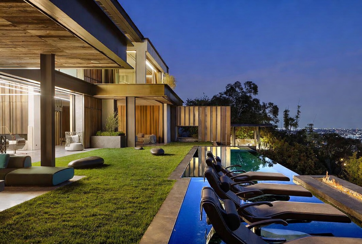 This stunning modern luxury estate features a seamless indoor-outdoor flow, highlighted by a sleek infinity-edge pool overlooking a sprawling city skyline at dusk. The manicured lawn, contemporary lounge chairs, and integrated fire feature create an sophisticated atmosphere perfect for high-end entertaining. The architectural design emphasizes clean lines, expansive glass walls, and warm wood accents, offering a serene and exclusive living experience.