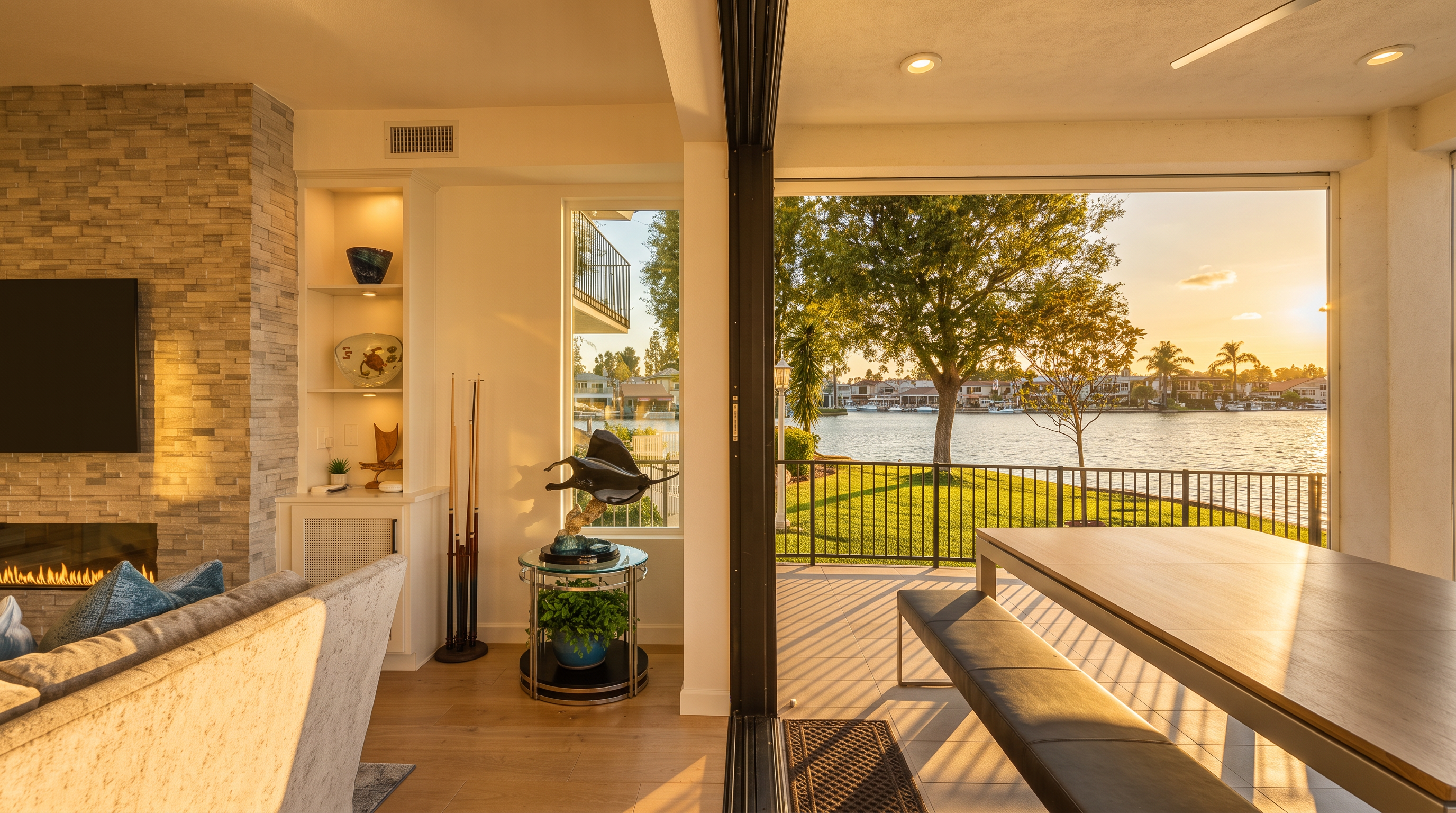 This living area features a modern, open-concept design with a striking stacked-stone fireplace and a large flat-screen television. The room flows seamlessly into an expansive outdoor patio through sliding glass doors, offering a beautiful, unobstructed view of the water. With its high-end finishes, neutral tones, and emphasis on indoor-outdoor living, the space provides a sophisticated and inviting environment.