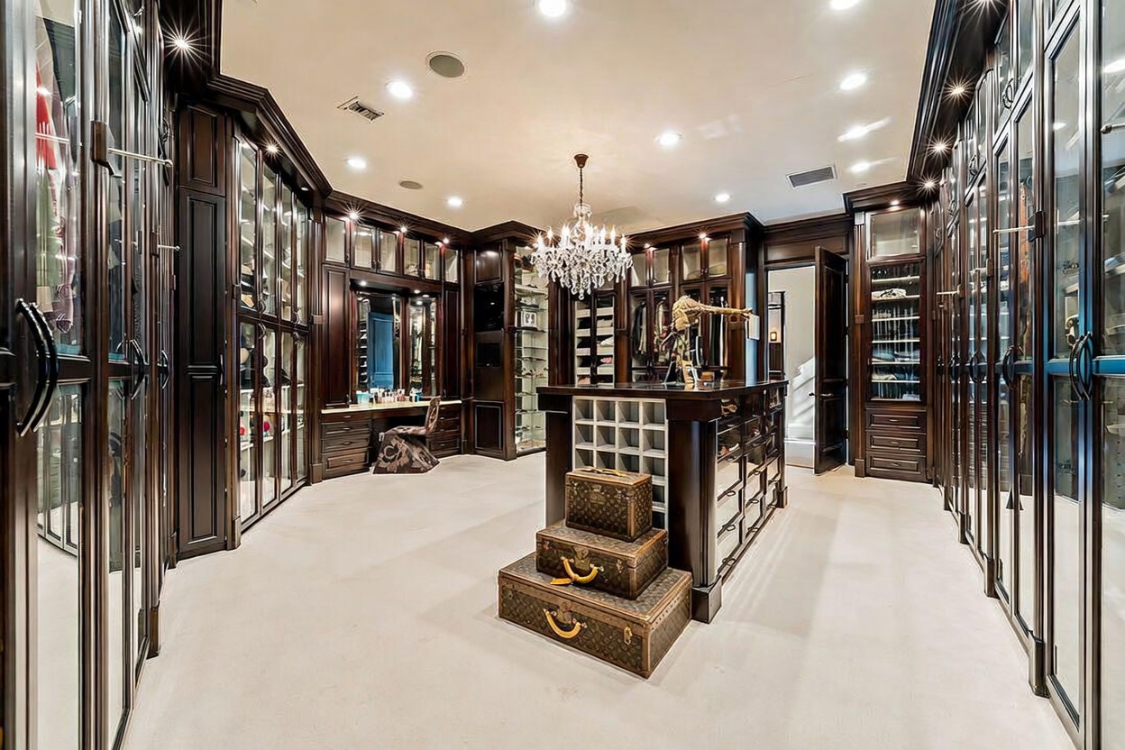 This expansive, luxurious walk-in closet features dark wood cabinetry with glass-front doors and integrated lighting throughout. A central island provides additional storage and display space, topped with stacked vintage-style trunks, while a crystal chandelier hangs above to add a touch of elegance. The room is finished with neutral carpeting and a dedicated vanity area, creating a sophisticated and organized dressing space.