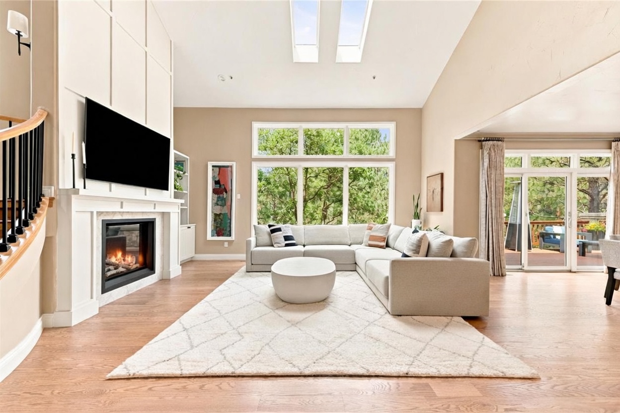 This bright and airy living room features a vaulted ceiling with dual skylights and a large sectional sofa centered on a textured area rug. A prominent fireplace with a white mantel and a tall, paneled surround serves as the focal point, while large windows provide ample natural light and views of the surrounding trees. The space is finished with light wood flooring and neutral wall tones, creating a welcoming and open atmosphere.