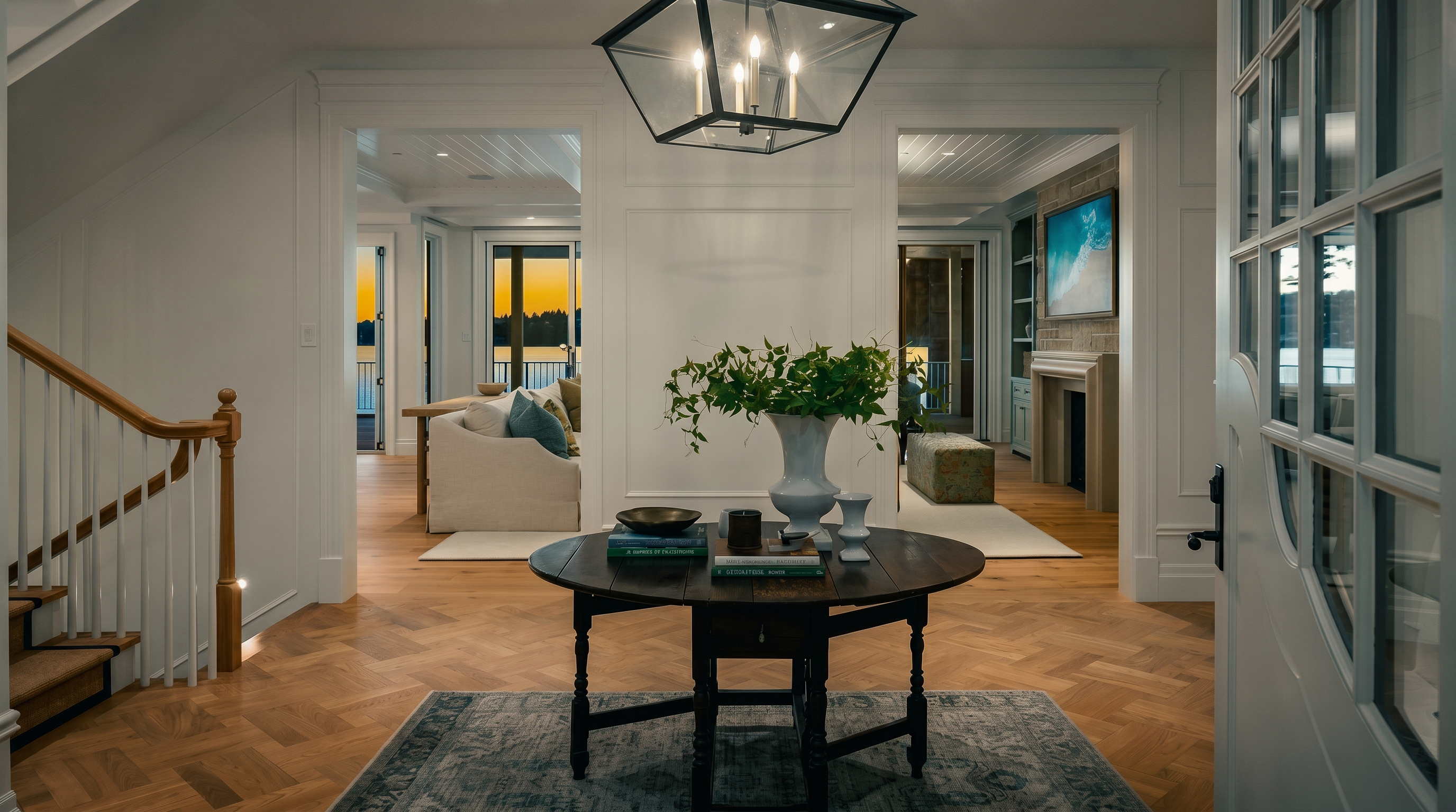 This elegant entryway features a classic round wooden table centered on a patterned rug, set against a backdrop of light wood herringbone flooring. The space is framed by white paneled walls and leads into two distinct living areas, one showcasing a stone-clad fireplace and the other offering a view of the sunset over the water. A large, geometric lantern pendant light hangs from the ceiling, creating a sophisticated and welcoming atmosphere.