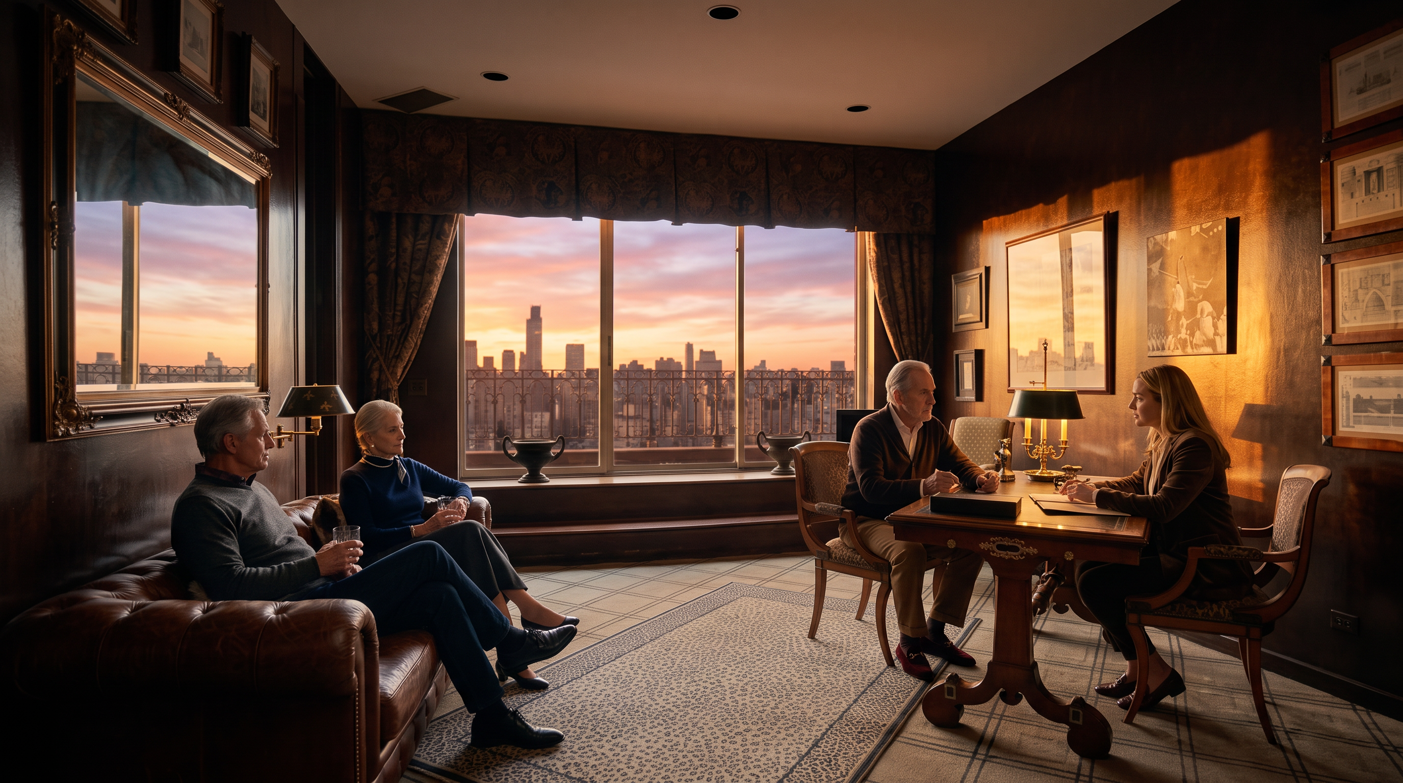 This sophisticated home office features dark, rich wall paneling and a large window offering an expansive city view. The room is furnished with a leather sofa, a classic wooden desk, and a patterned area rug that anchors the space. The overall aesthetic is traditional and professional, with framed artwork lining the wall and a small seating area near the window.
