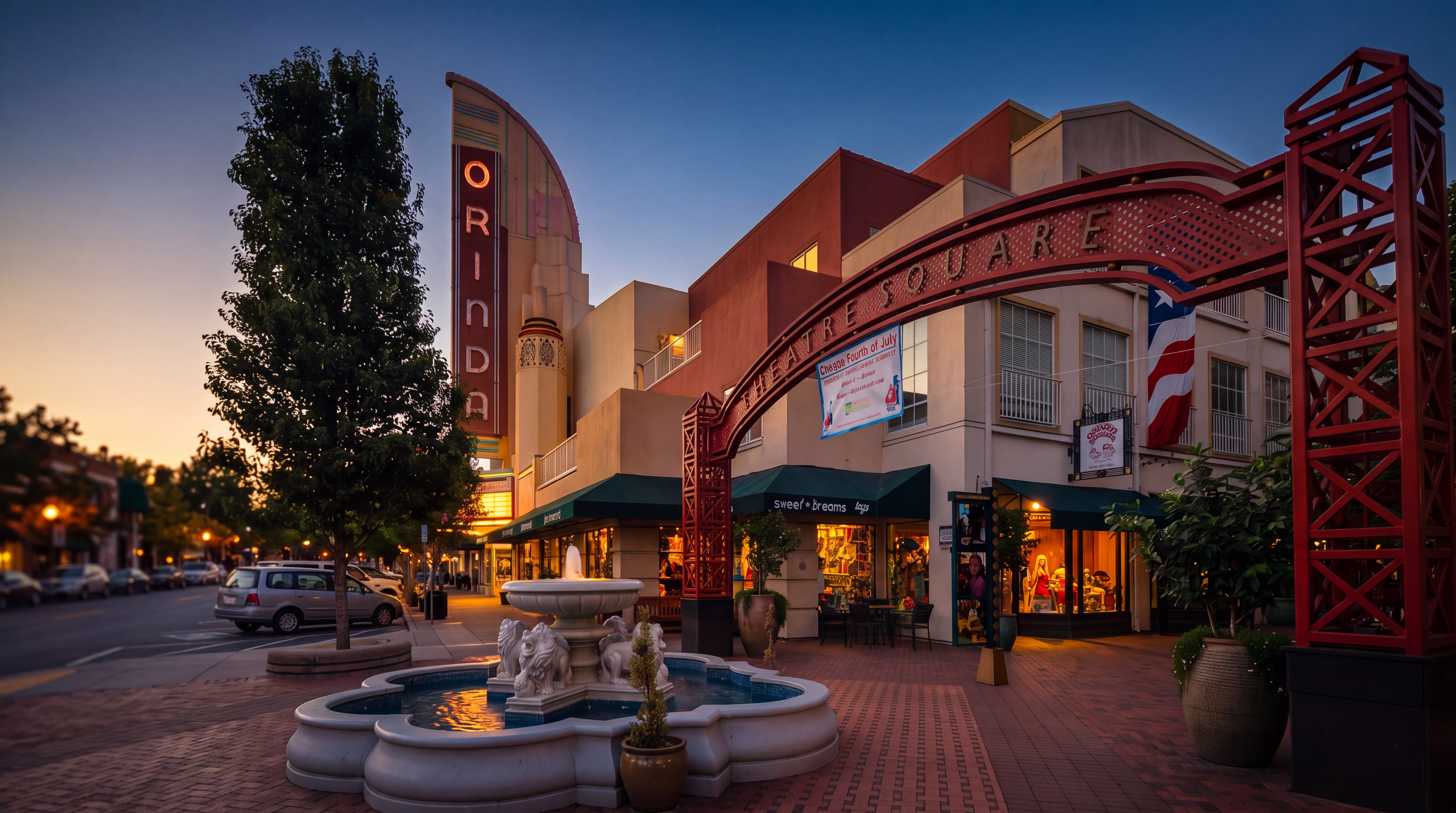 This vibrant image captures the bustling Theatre Square in Orinda, featuring a classic central fountain and distinctive red architectural arches. The scene highlights a pedestrian-friendly commercial area with charming storefronts, including a toy shop, framed by Mediterranean-inspired architecture and the iconic Orinda Theatre tower. The well-maintained plaza offers a welcoming, community-focused atmosphere with convenient access to local retail and entertainment.