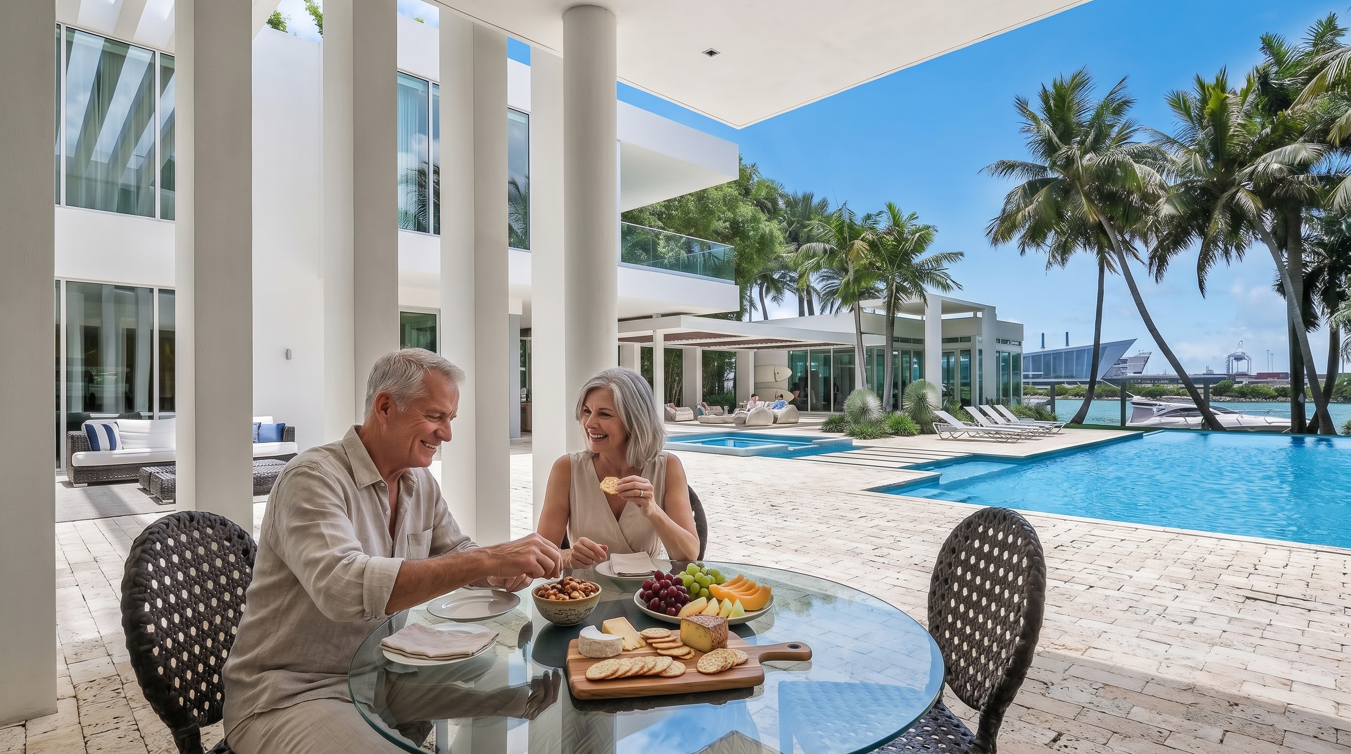 This expansive covered patio offers a luxurious outdoor living space, featuring a glass-topped dining table with woven chairs in the foreground. The area transitions seamlessly to a sun-drenched pool deck with a rectangular swimming pool and lounge chairs, all set against a backdrop of lush palm trees and a waterfront view. The architecture is defined by clean white lines, tall structural columns, and large glass walls that create an airy, modern aesthetic.