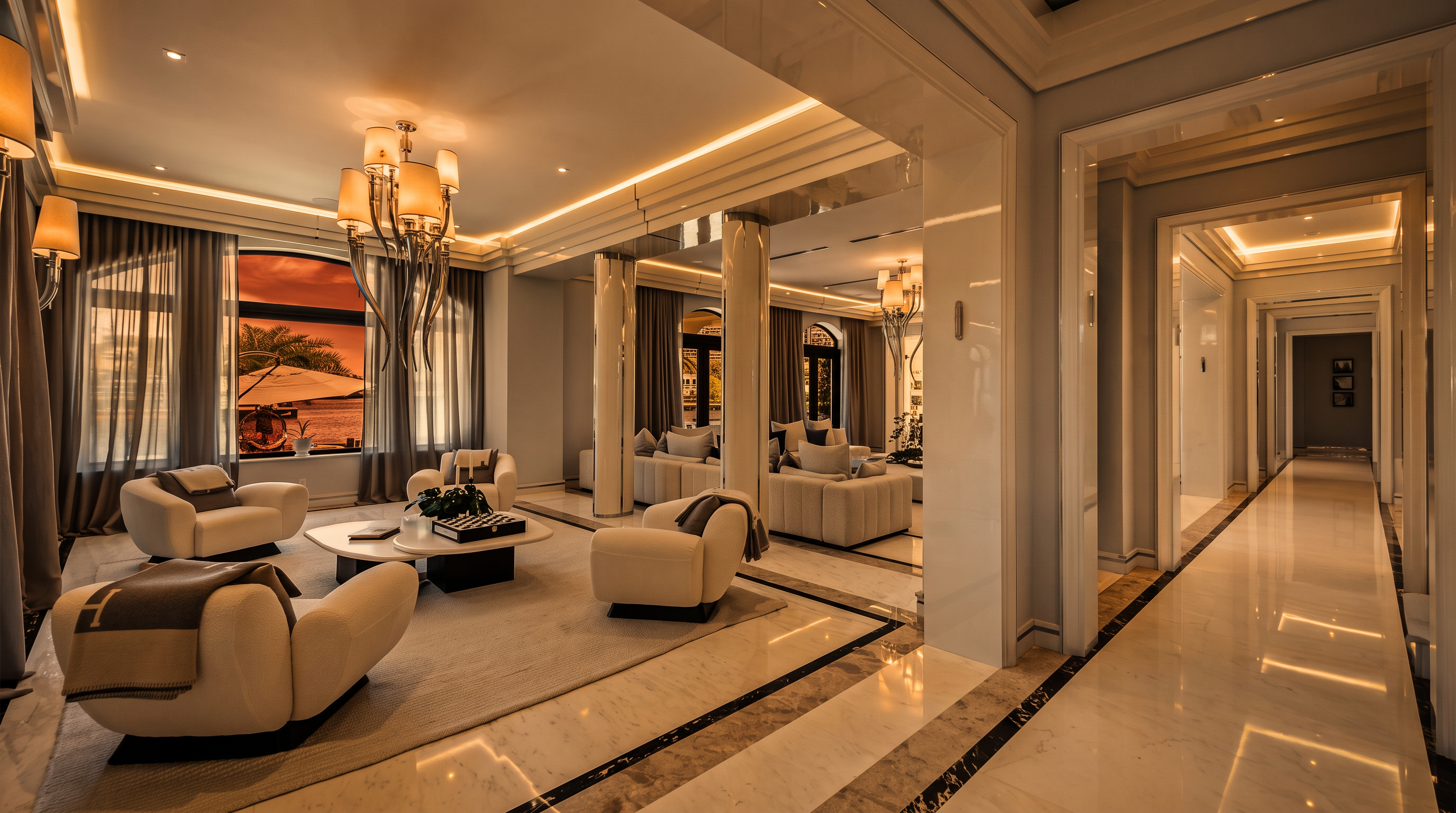 This elegant living room features a sophisticated, neutral color palette with plush cream-colored seating arranged around a central coffee table. The space is defined by polished stone flooring, mirrored columns, and a dramatic chandelier, creating a bright and luxurious atmosphere. Large windows provide a scenic view of the water, while a long, polished hallway extends to the right, emphasizing the open and airy layout of the home.
