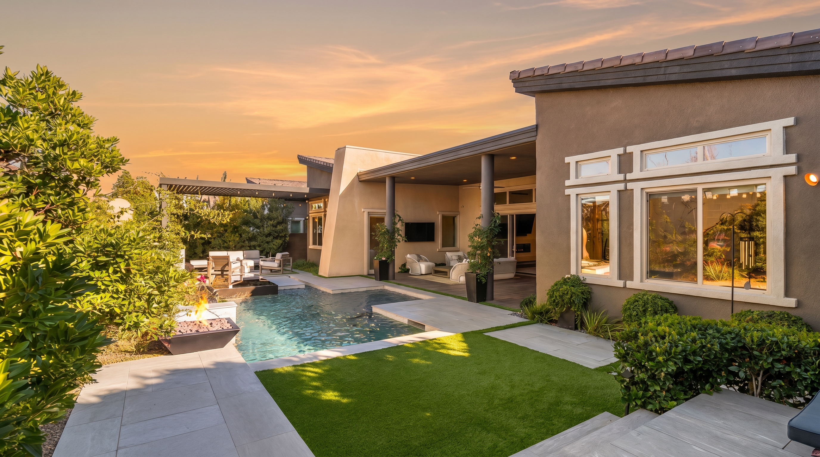 This rear exterior view showcases a modern home with a seamless transition between indoor and outdoor living spaces. The backyard features a sparkling swimming pool, a manicured artificial turf lawn, and a covered patio area equipped with comfortable seating and a wall-mounted television. The architectural design incorporates clean lines, neutral stucco walls, and large windows that invite natural light into the home.