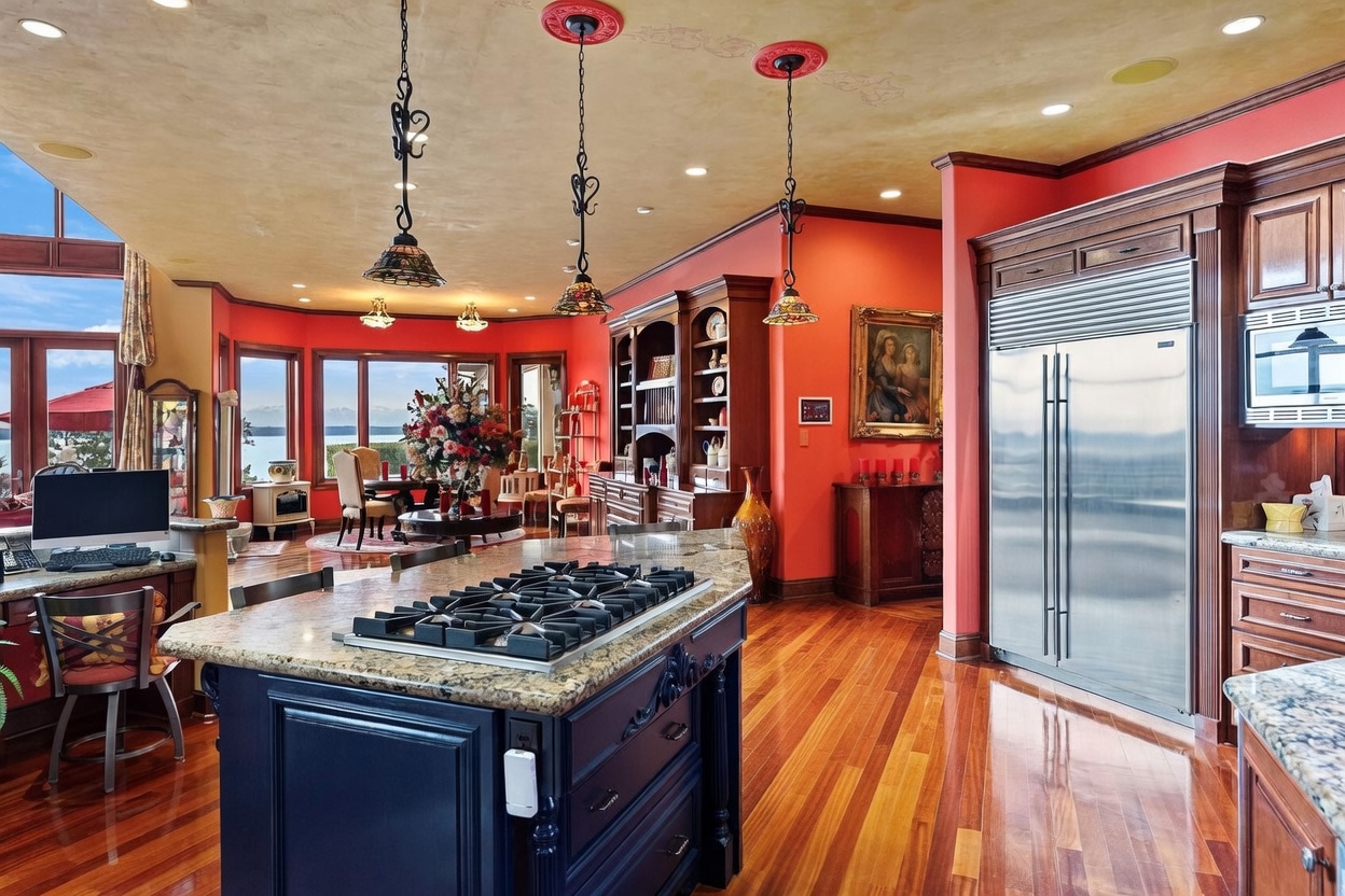 This spacious kitchen features a large, dark-toned island with a gas cooktop and stone countertops, serving as the central focal point. The room is accented by vibrant red walls, warm wood flooring, and decorative pendant lighting hanging from a textured ceiling. Beyond the kitchen, an open-concept dining area with large windows provides a scenic view of the water and distant mountains.