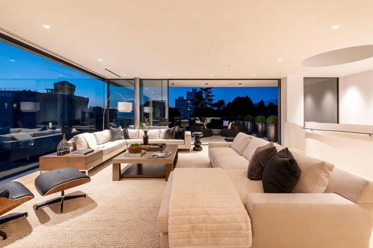 This expansive, modern living room features an open-concept layout with two large, plush sectional sofas arranged around a central coffee table. The space is defined by floor-to-ceiling glass walls that slide open to reveal a seamless transition to an outdoor terrace, offering a stunning twilight view of the city skyline. The interior design is minimalist and sophisticated, utilizing a neutral color palette, recessed lighting, and a textured area rug to create a luxurious and inviting atmosphere.