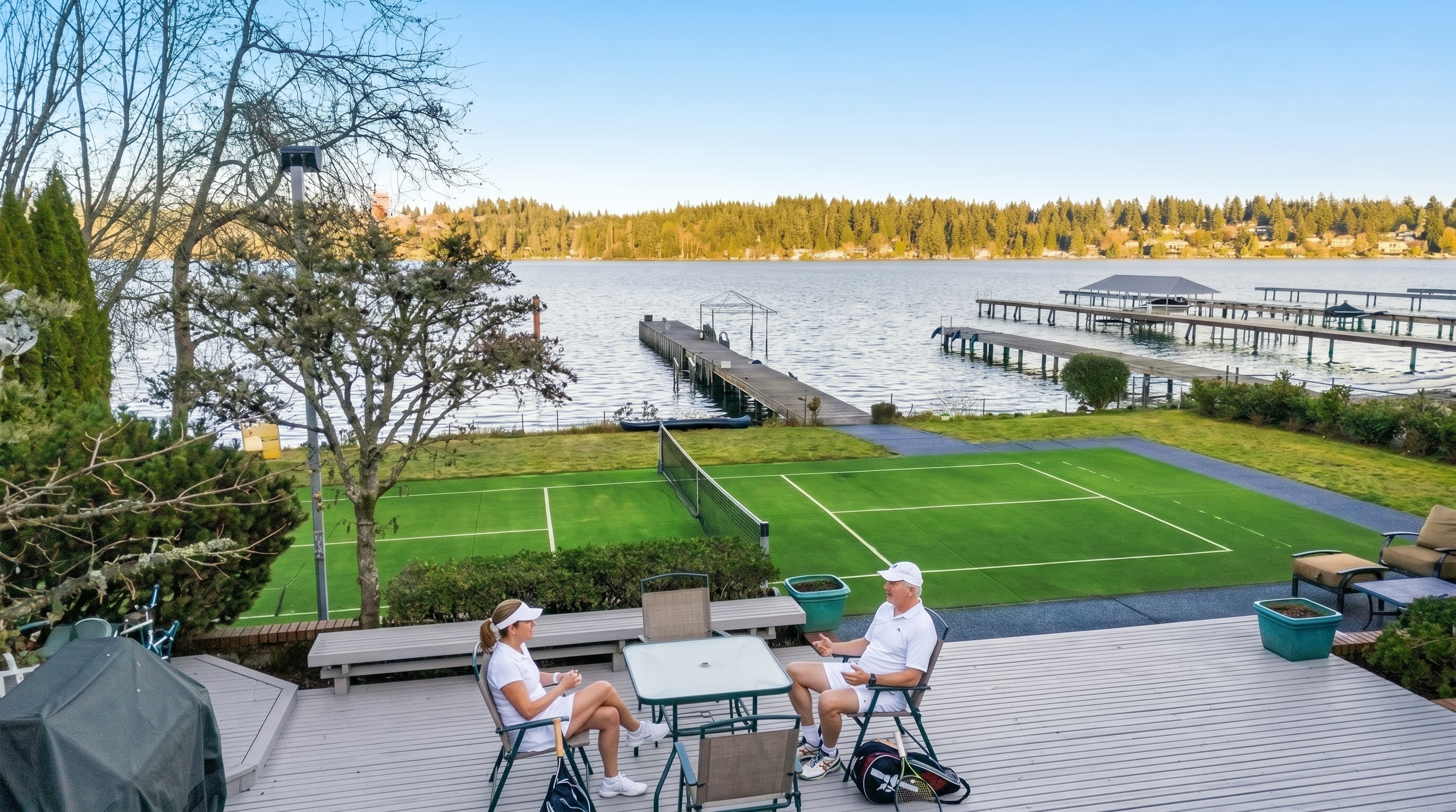 This elevated rear view captures a sprawling waterfront property featuring a private tennis court and a wooden dock extending into the lake. A spacious deck with outdoor seating overlooks the manicured lawn and the serene water, framed by mature trees. The perspective provides a comprehensive look at the recreational amenities and the scenic landscape of the backyard.