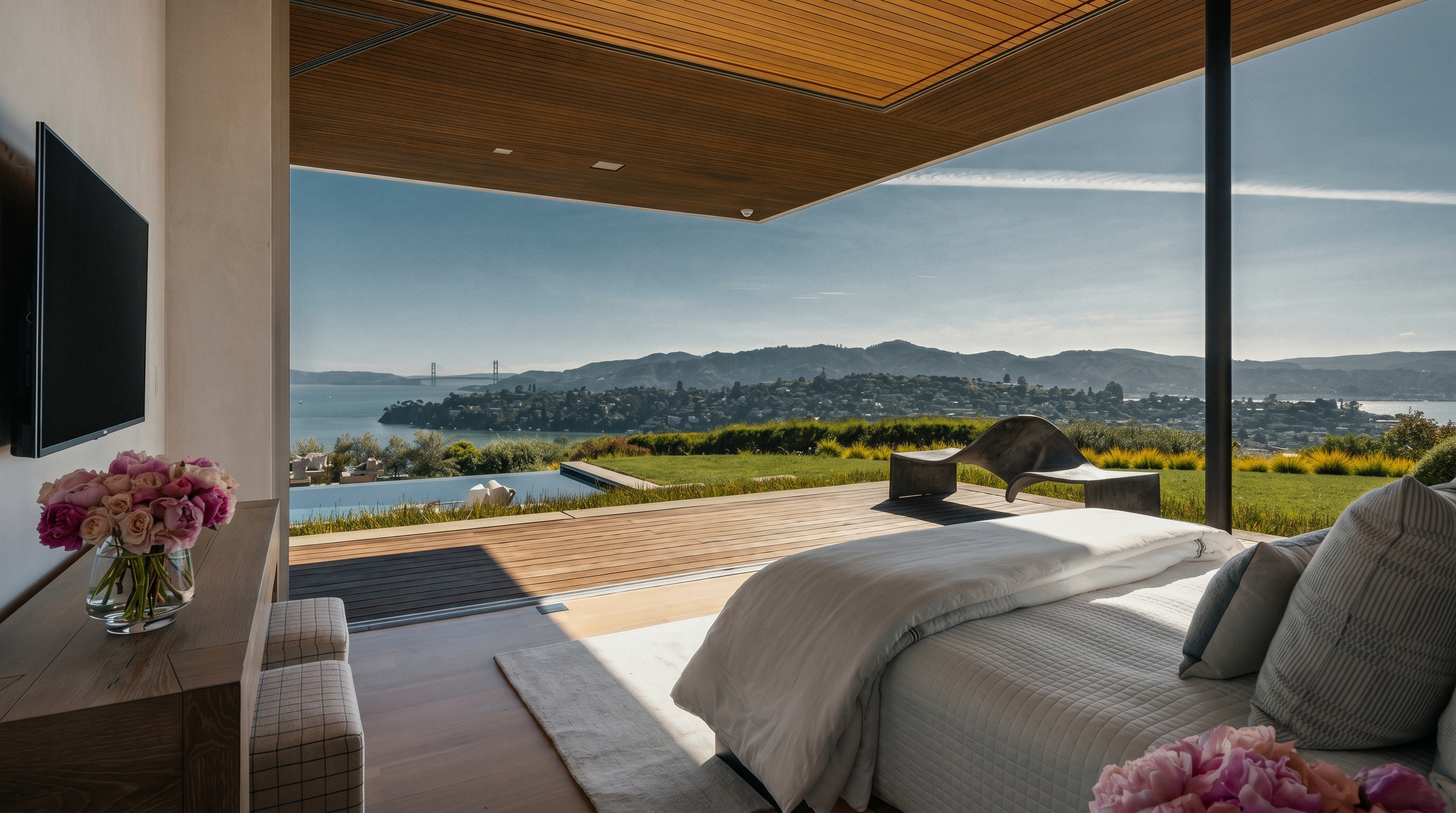 This luxurious primary bedroom features an expansive open-wall design that seamlessly connects the interior space to a private wooden deck and an infinity-edge pool. The room is furnished with a plush bed and a sleek console table adorned with fresh flowers, all set against a backdrop of panoramic bay views and distant mountains. The warm wood ceiling and light-toned flooring create a serene, high-end atmosphere that emphasizes indoor-outdoor living.