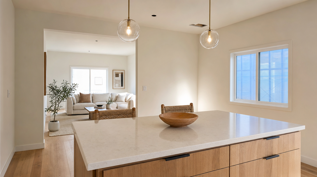 This kitchen features a bright and airy open-concept design anchored by a large island with a clean white quartz countertop and natural wood cabinetry. The space is accented by elegant globe pendant lighting and flows seamlessly into a cozy, adjacent living area, highlighting a cohesive and modern interior aesthetic. The minimalist design palette emphasizes functionality and a serene, inviting atmosphere.