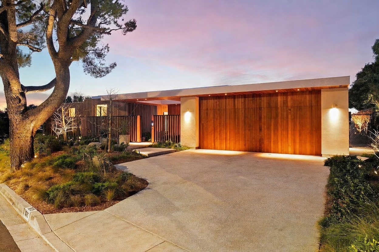 This modern, single-story residence features a striking architectural design with warm wood paneling and clean, horizontal lines. The front facade includes a prominent garage, a landscaped front yard with a mature tree, and subtle exterior lighting that creates an inviting, sophisticated atmosphere at dusk. The perspective is a wide-angle shot from the street level, emphasizing the home's curb appeal and contemporary aesthetic.