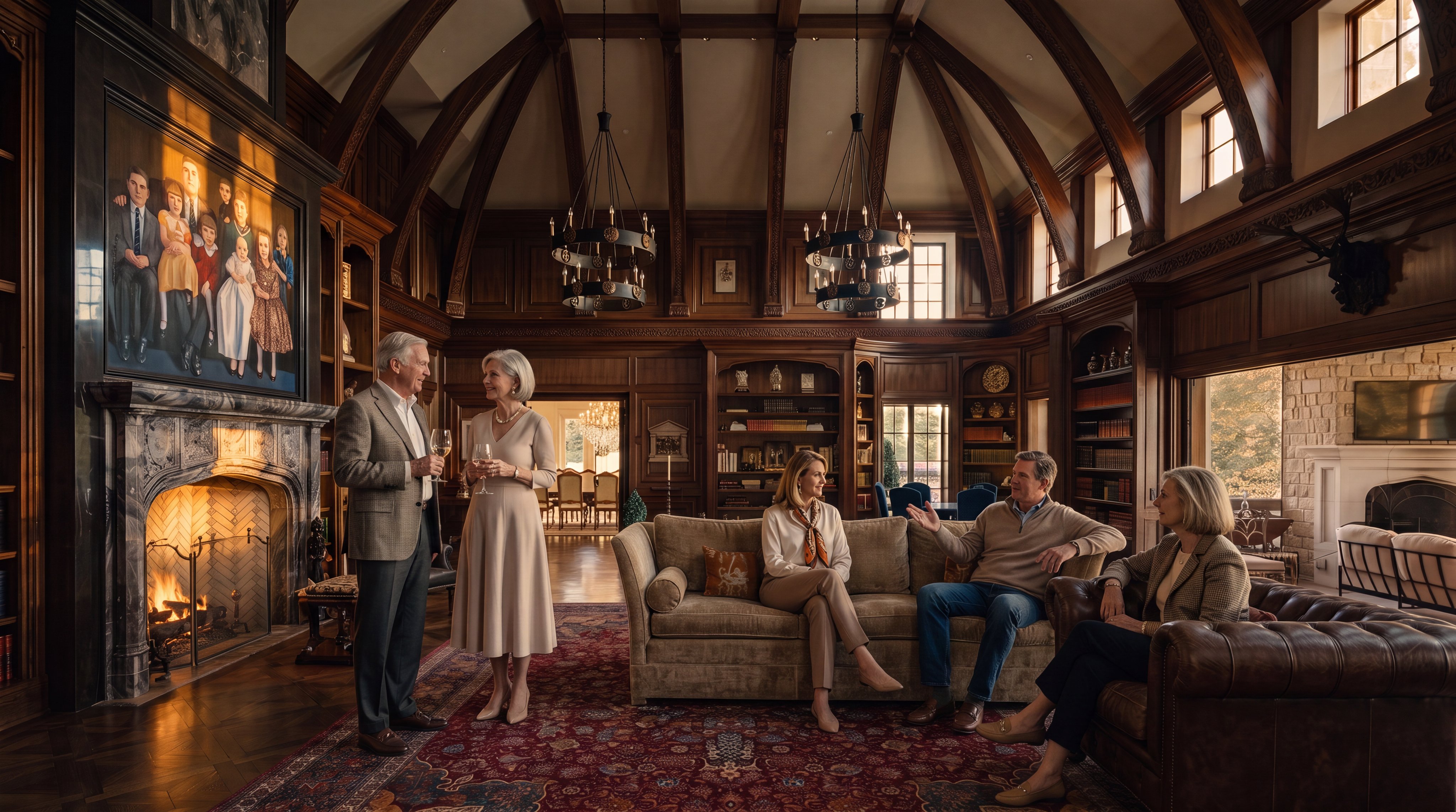This grand, wood-paneled living room features a vaulted ceiling with exposed timber beams and two large, circular chandeliers. The space is anchored by a stone fireplace with a prominent portrait above it, and it is furnished with plush, traditional seating arrangements on a large, ornate area rug. The room exudes a sophisticated, library-like atmosphere with extensive built-in shelving and a seamless transition to an adjacent outdoor patio area.