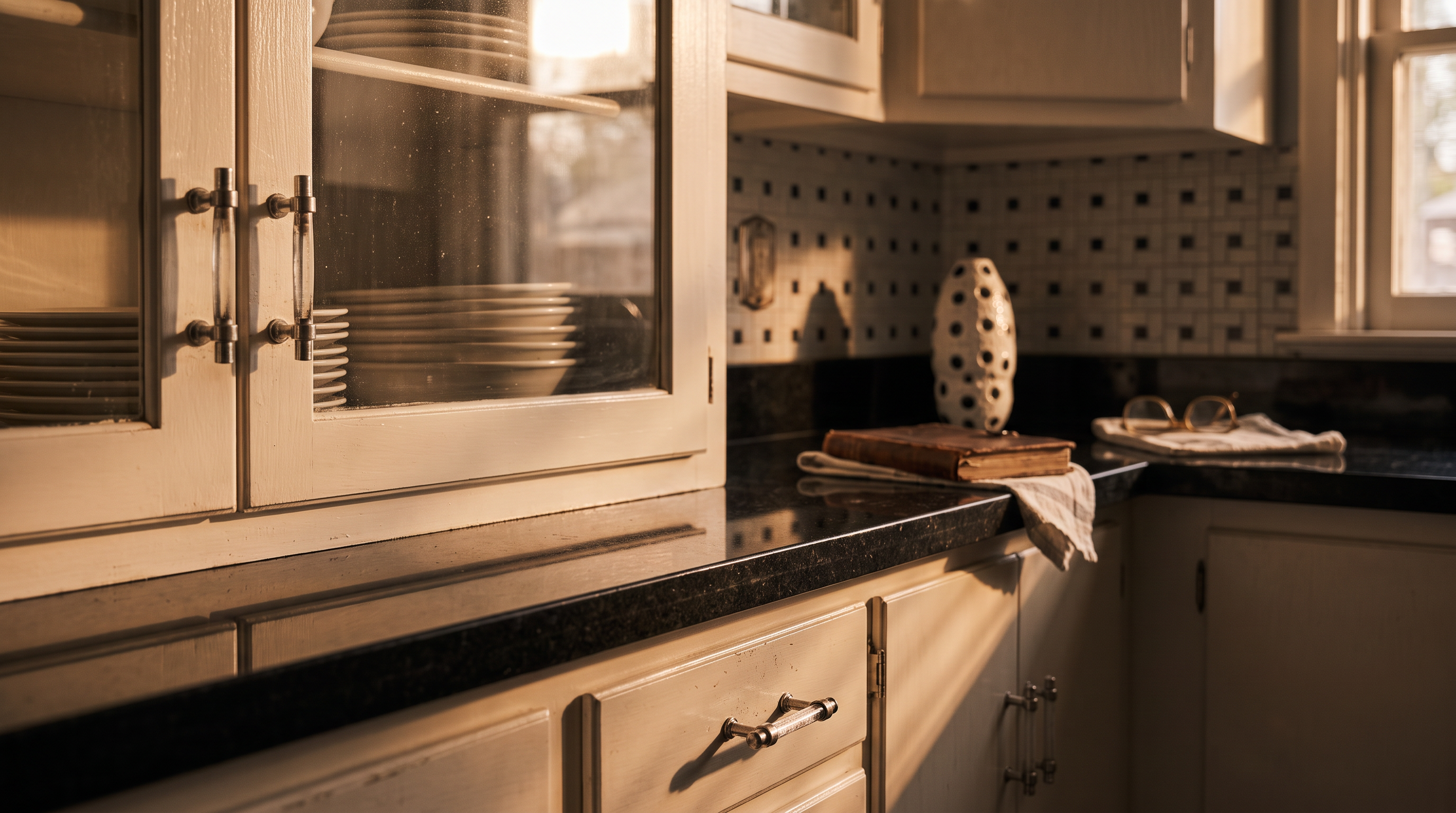 This butler's pantry features a striking black-and-white checkerboard floor and matching black stone countertops. The space is lined with white cabinetry, including glass-front upper cabinets for display and a mirrored backsplash that adds depth to the narrow layout. The symmetrical design and high-contrast color palette create a clean, classic aesthetic.