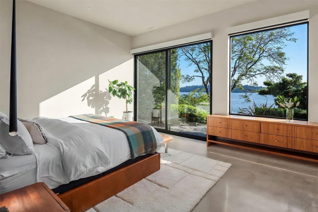 This primary bedroom features a minimalist, modern aesthetic with polished concrete floors and a large bed dressed in neutral linens. A wall of floor-to-ceiling glass doors and windows provides an expansive, unobstructed view of the lake and surrounding trees, flooding the room with natural light. A long, light wood dresser sits beneath the window, and a potted plant adds a touch of greenery to the serene, sunlit space.