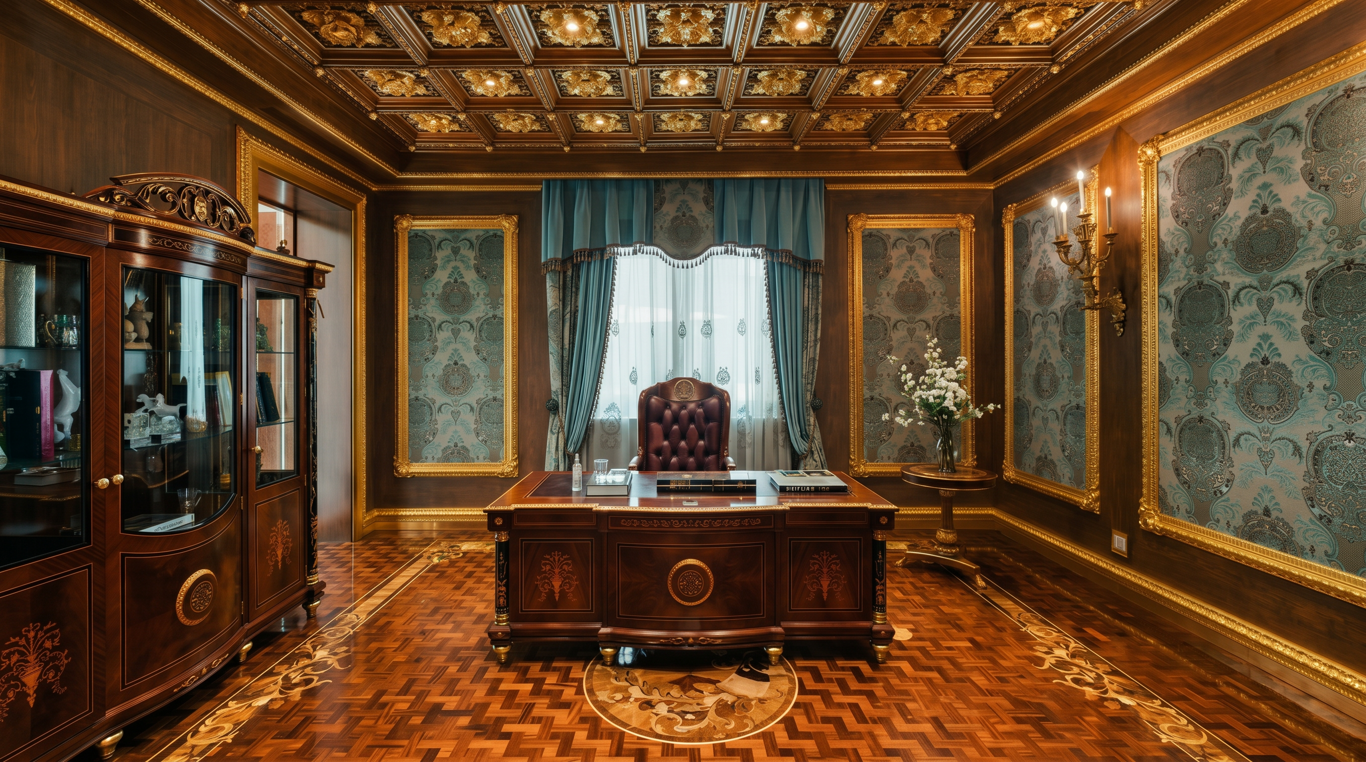 This opulent home office features a coffered ceiling with intricate gold-leaf detailing and rich wood paneling throughout. A grand mahogany desk sits at the center of the room, complemented by a tufted leather chair and ornate parquet flooring with decorative inlays. The space is framed by elegant damask wallpaper panels and floor-to-ceiling curtains, creating a sophisticated and authoritative atmosphere.