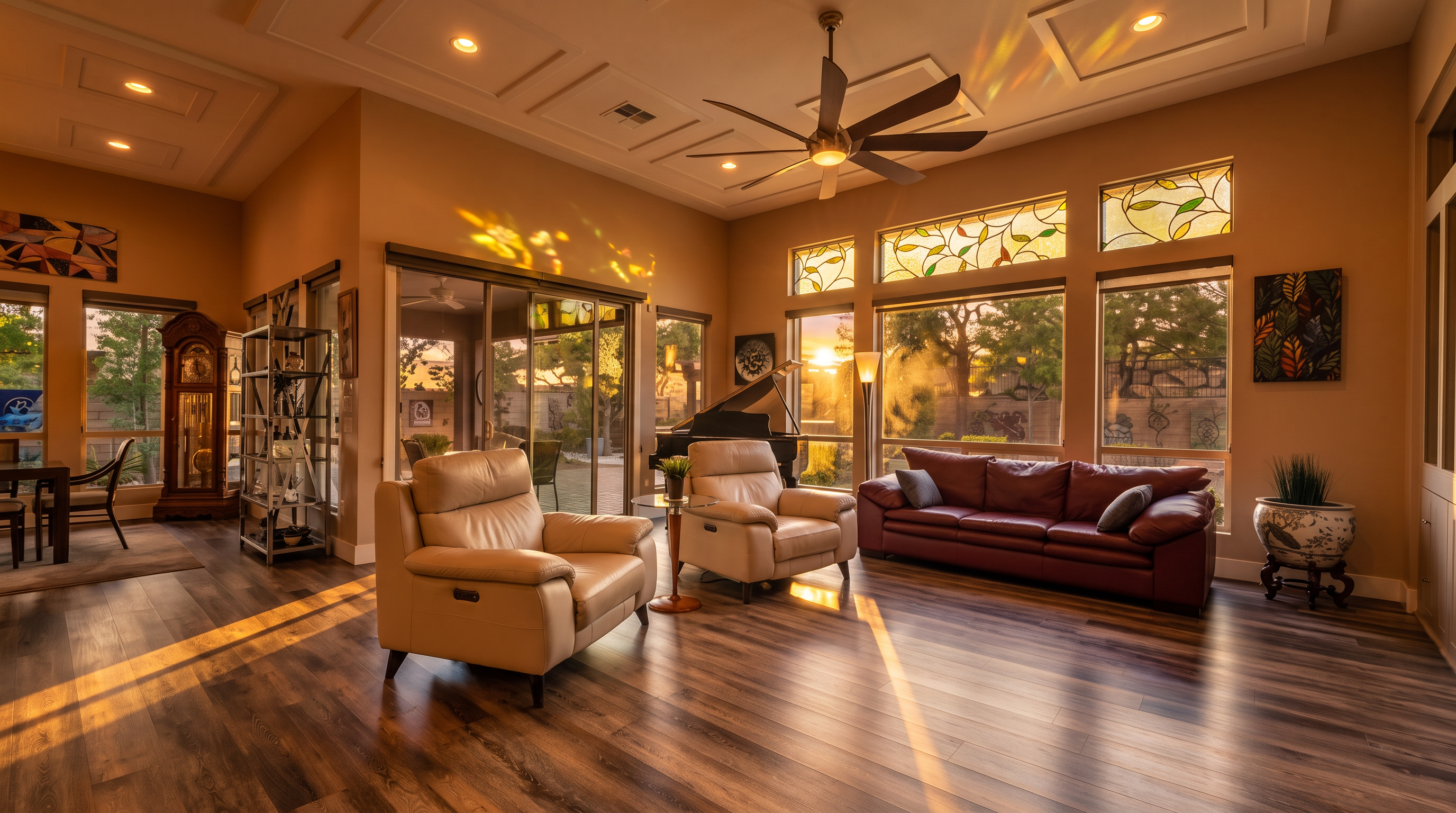 This spacious and airy living room features high coffered ceilings, modern wood-look plank flooring, and a warm, inviting atmosphere. The space is furnished with two comfortable off-white armchairs, a rich burgundy leather sofa, and a matching leather ottoman, all arranged on a large, colorful area rug. Large windows with stained glass accents, along with glass sliding doors leading to a patio, provide an abundance of natural light and pleasant views of the backyard.