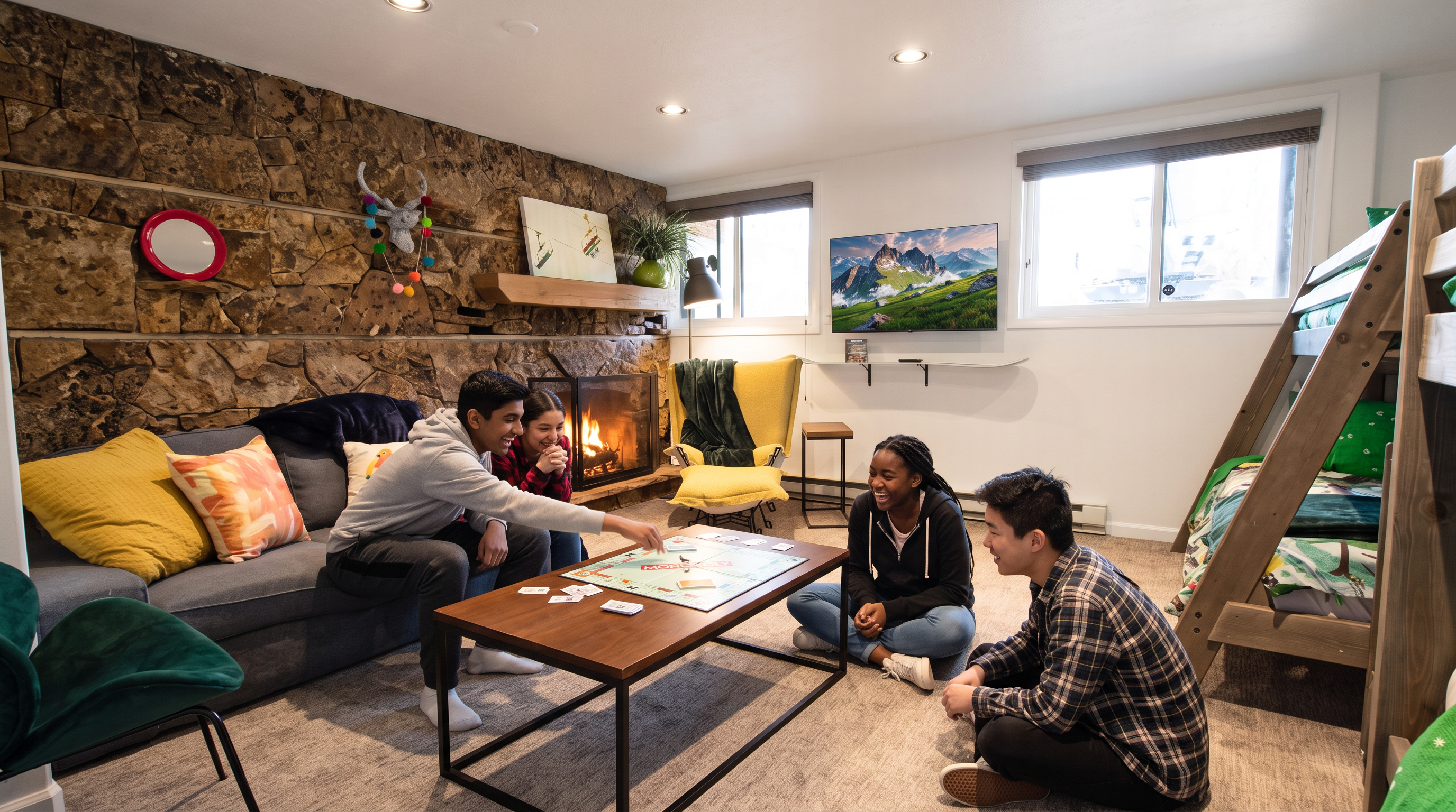 This inviting living space features a cozy stone fireplace, comfortable seating, and a playful bunk bed corner, making it ideal for relaxation or family gatherings. The rustic stone accent wall adds warmth and character to the room, while large windows provide ample natural light. Its layout successfully blends a casual game area with a lounge setting, highlighting the property's potential for flexible living.