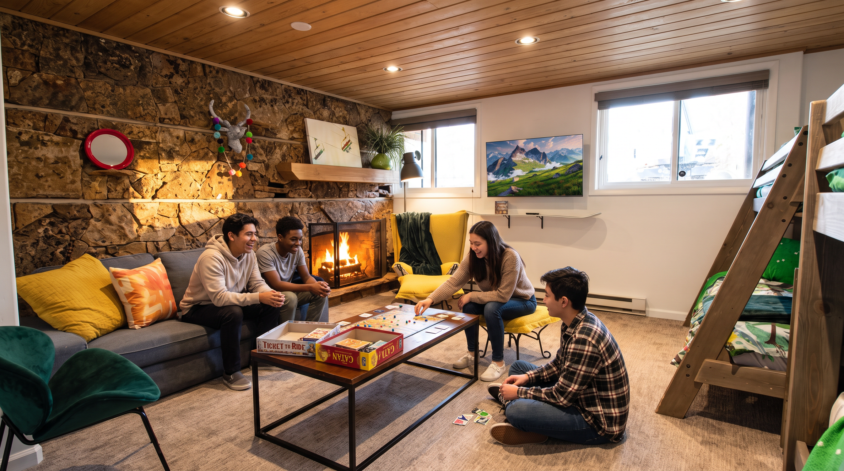 This cozy, modern-rustic living space features a stone accent wall with a built-in fireplace, creating a warm focal point for gathering. The room is well-appointed with comfortable seating, a wooden coffee table, and a built-in bunk bed structure that maximizes utility in a basement or recreational setting. Bright lighting, wood-paneled ceilings, and clean contemporary finishes give the area an inviting and functional feel.