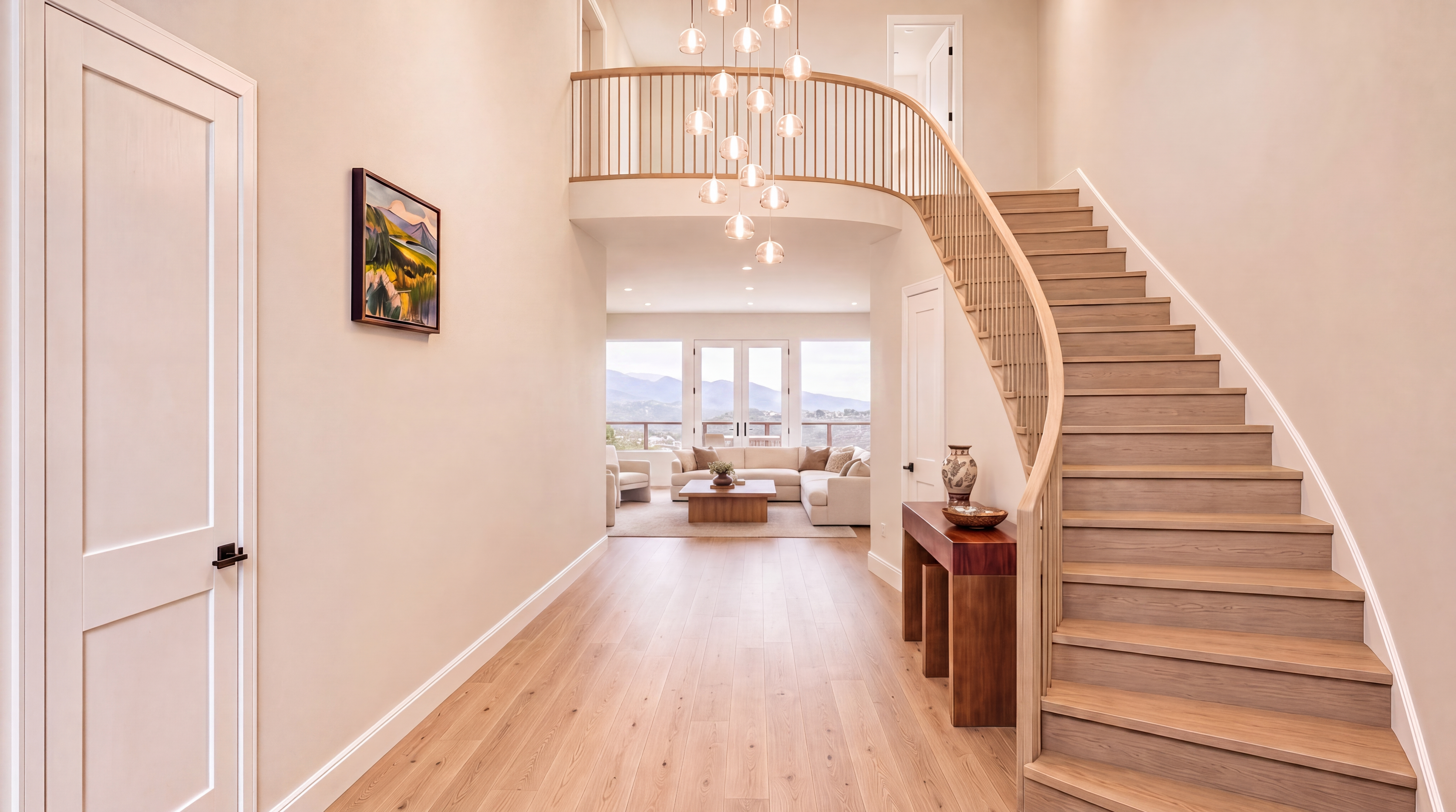 This grand foyer features an elegant curved staircase with natural wood treads and a sleek matching railing, serving as the central focal point. A stunning multi-tiered glass globe chandelier hangs gracefully from the high ceiling, casting a warm glow over the light hardwood flooring. The open-concept design transitions seamlessly into a bright living room, creating a spacious and inviting atmosphere that highlights the home's high-end, contemporary finishes.