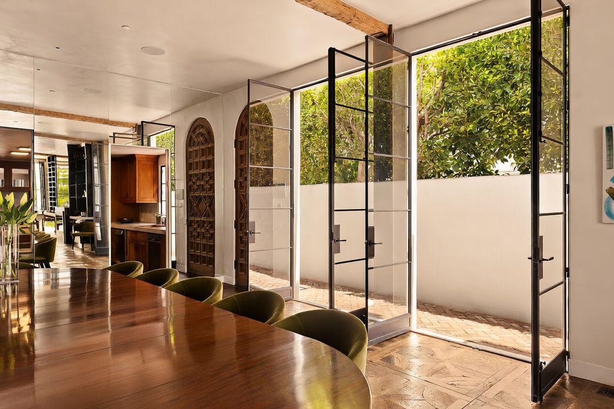 This elegant dining room features a long, polished wood table surrounded by plush, olive-green velvet chairs. The space is defined by large, black-framed glass doors that open onto a brick-paved patio, seamlessly blending indoor and outdoor living. A mirrored wall reflects the room, enhancing the sense of depth and light, while a glimpse into the adjacent kitchen reveals warm wood cabinetry.
