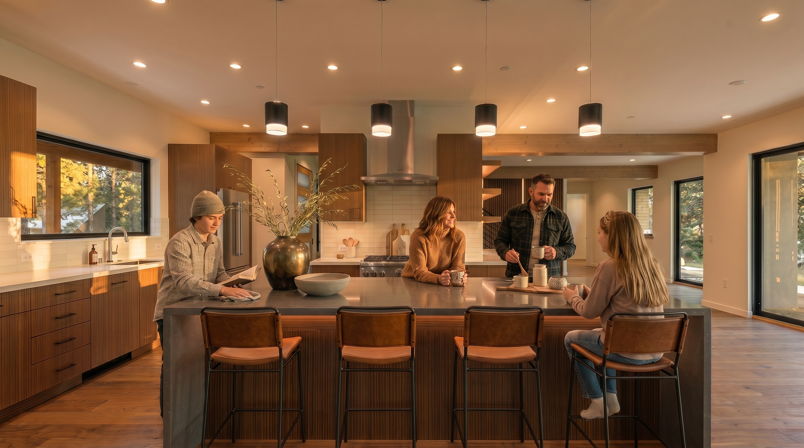 This modern kitchen features a large central island with a dark stone countertop and integrated lighting, serving as the focal point of the open-concept space. The cabinetry is finished in a warm-toned wood, complemented by stainless steel appliances and a clean, light-colored backsplash. Four cylindrical pendant lights hang above the island, while large glass sliding doors provide a seamless connection to the outdoors and fill the room with natural light.