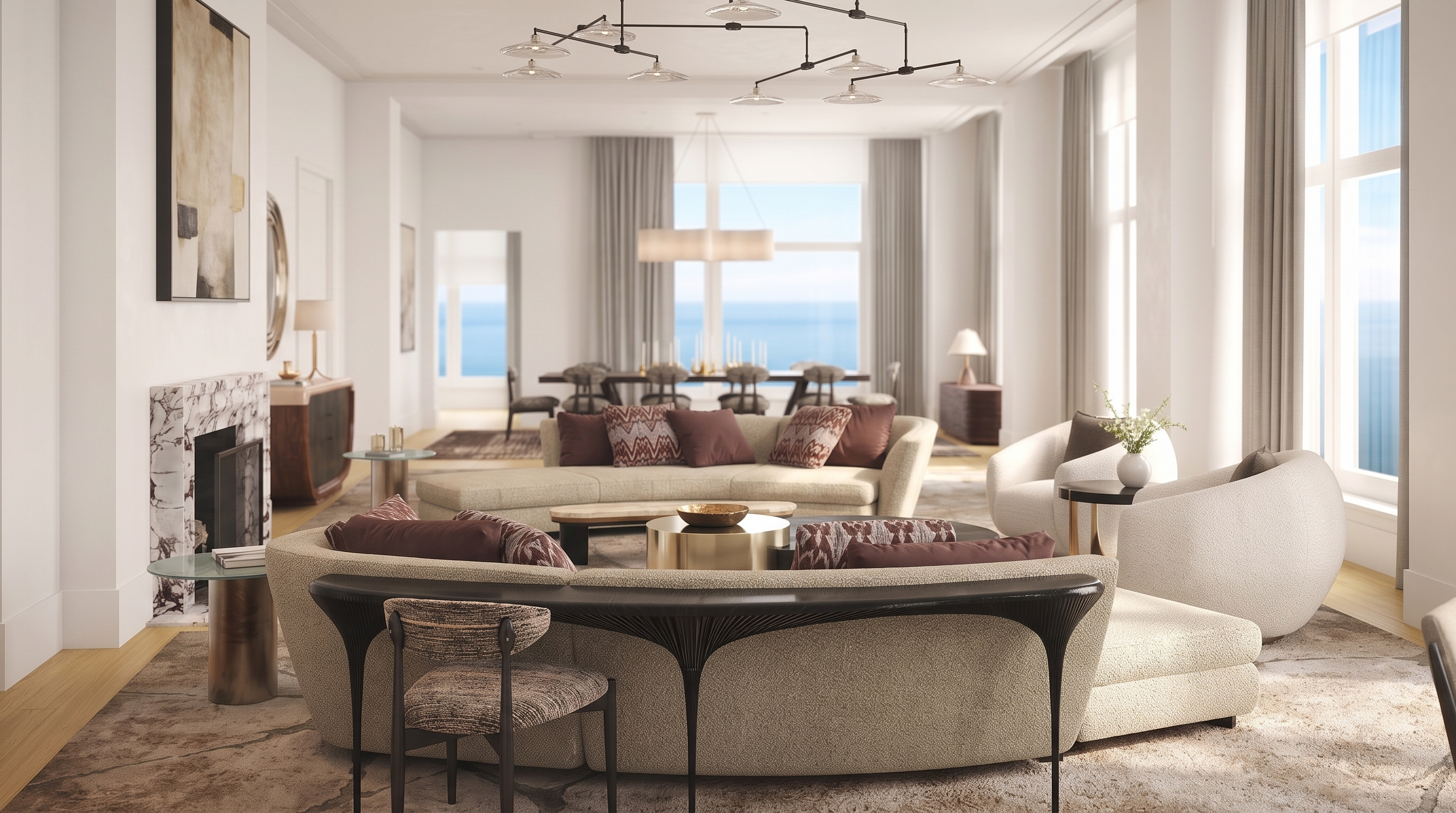 This expansive, open-concept living area features a sophisticated neutral palette with curved, plush seating arrangements centered around a low coffee table. Tall windows line the perimeter, flooding the space with natural light and offering expansive views, while a large, textured area rug anchors the seating group. The room transitions seamlessly into a formal dining area in the background, creating an airy and luxurious atmosphere suitable for high-end entertaining.