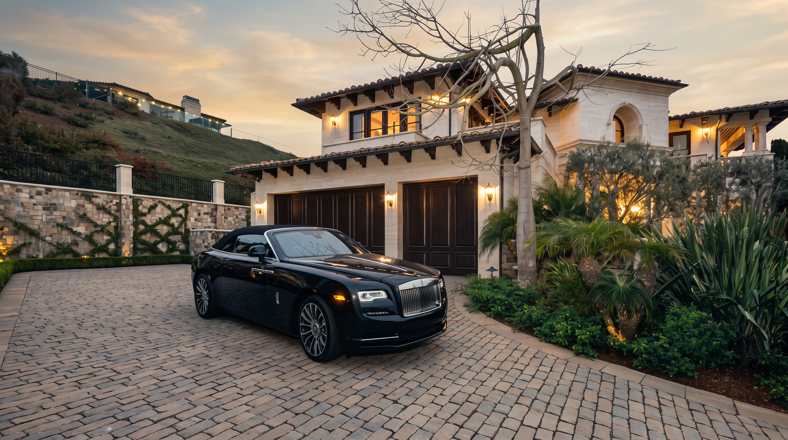 This image captures the front exterior of a luxurious Mediterranean-style residence at dusk, featuring a paved circular driveway occupied by a black convertible luxury car. The home showcases intricate architectural details, including dark wood garage doors, stone-clad walls, and a multi-level roofline with decorative corbels. Lush landscaping and a wrought-iron gate frame the entrance, while the soft evening sky provides a dramatic backdrop to the property's elegant facade.