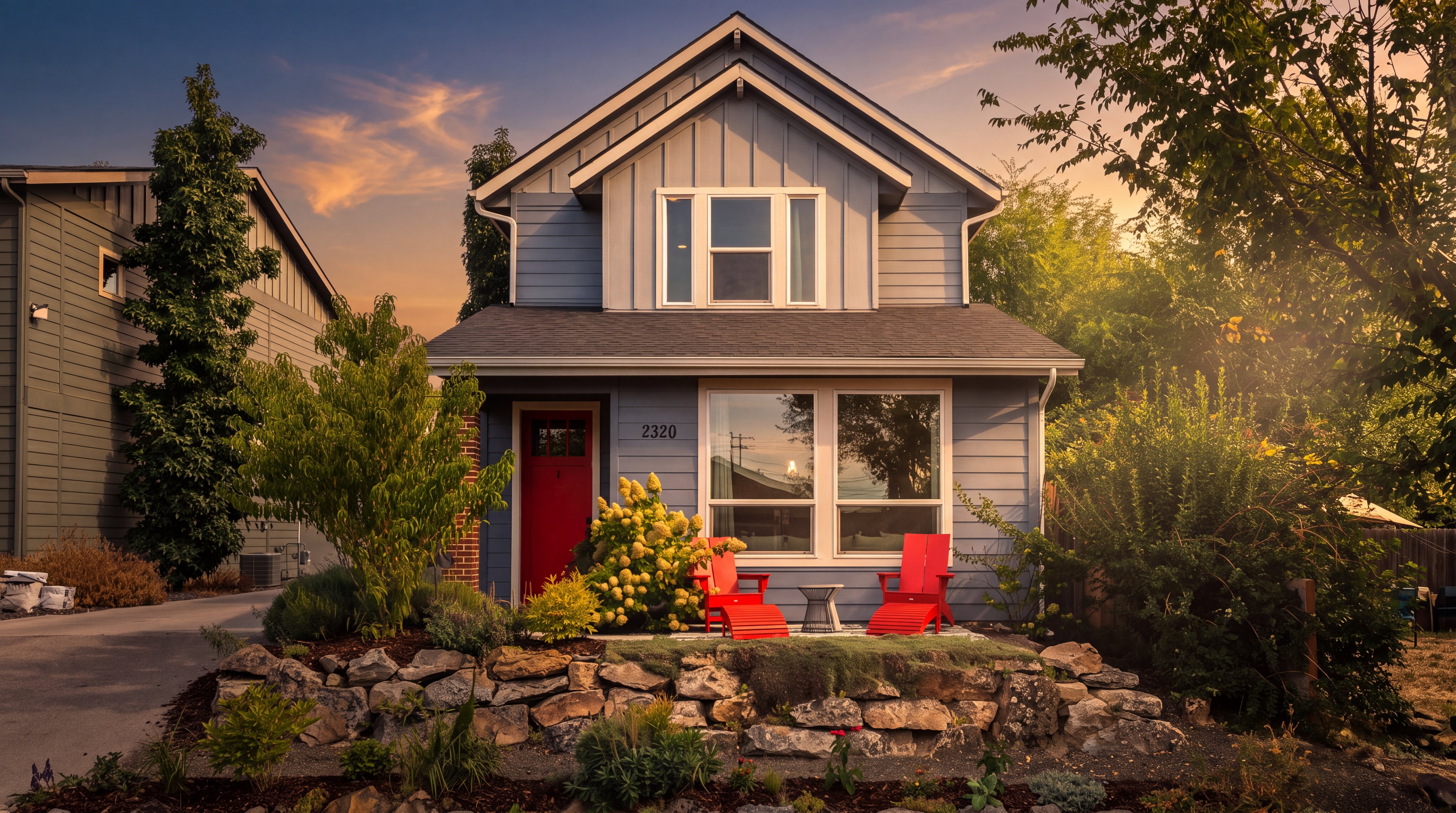 This charming two-story home features blue horizontal siding and a prominent front-facing gable, creating a welcoming curb appeal. A stone retaining wall frames the front yard, leading up to a small patio area with two bright red chairs and a red front door. The scene is captured from a low-angle, eye-level perspective on a sunny day, highlighting the well-maintained landscaping and clear blue sky.