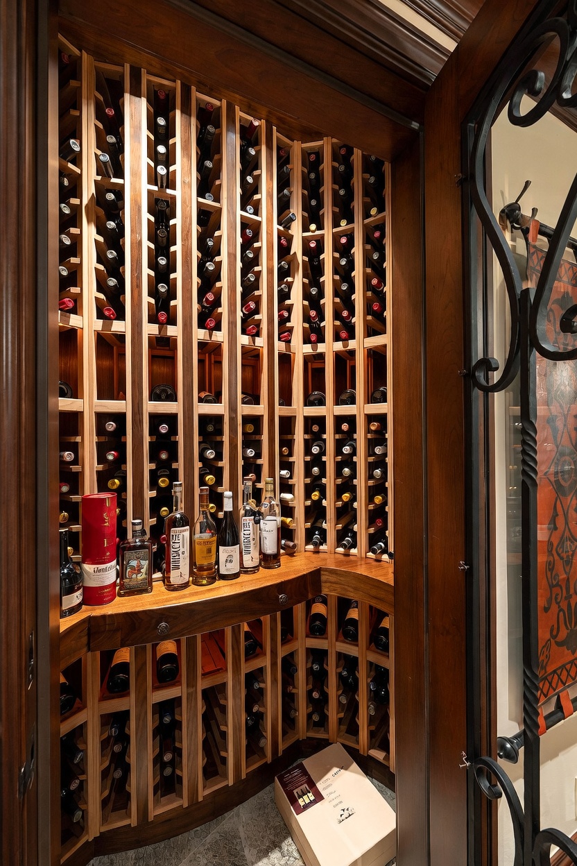 This custom-built wine cellar features extensive wooden racking designed for individual bottle storage, wrapping around a corner to maximize space. A central counter provides a display area for select spirits and bottles, while an ornate, dark metal gate frames the entrance to the room. The warm wood tones and structured shelving create a sophisticated, dedicated space for wine collection and storage.