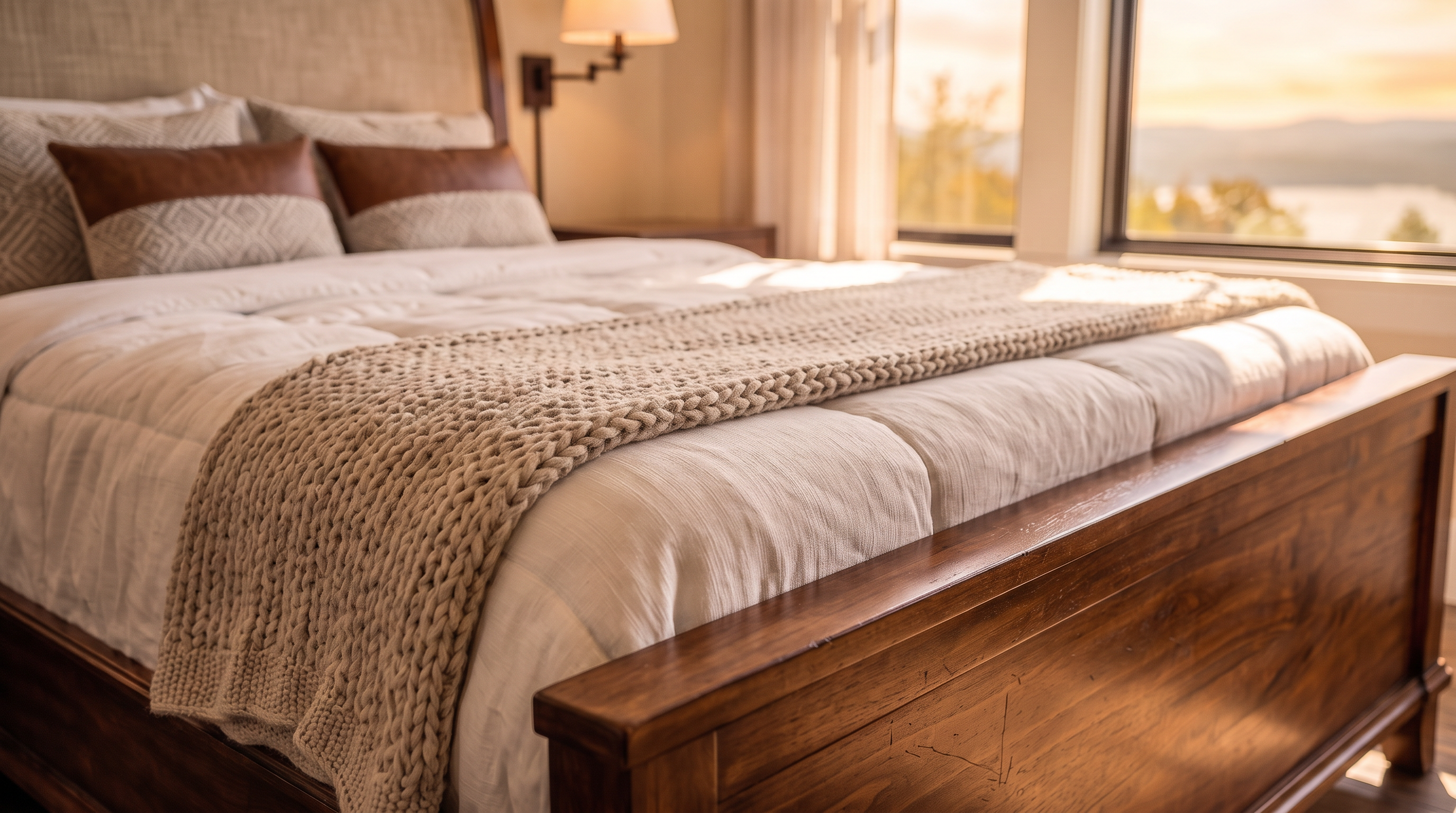 This cozy bedroom features a rich, wooden bed frame with a textured, chunky knit throw blanket layered over white bedding. The room is accented by leather-and-fabric throw pillows and warm ambient lighting. A large window provides a picturesque view, creating a serene and inviting atmosphere ideal for a primary retreat.