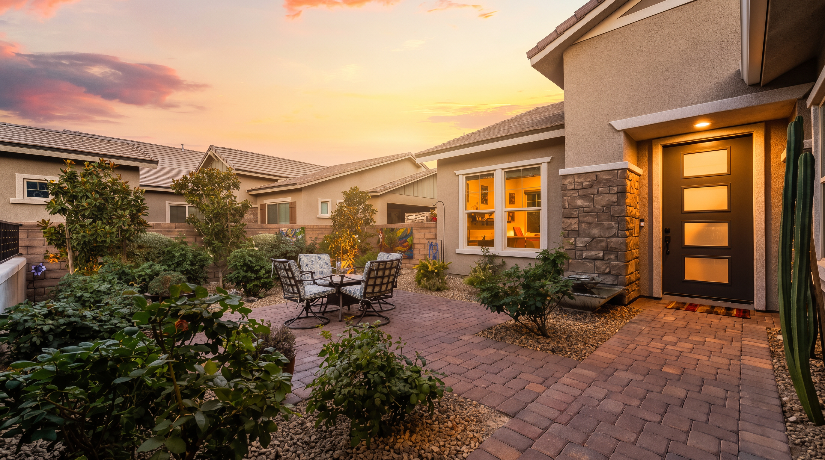 This inviting entryway features a brick-paved courtyard area with comfortable patio seating, surrounded by lush, low-maintenance desert landscaping. The home showcases a modern front door and stone masonry detailing, creating a warm, upscale curb appeal. The soft sunset lighting enhances the tranquil and welcoming atmosphere of the space.