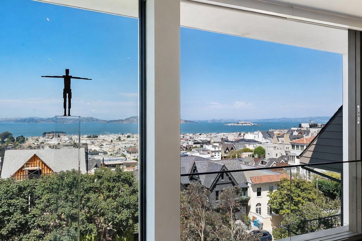 This interior view showcases a modern living space defined by expansive floor-to-ceiling windows that frame a panoramic vista of the city, bay, and Alcatraz Island. A minimalist, dark-toned sculpture stands prominently on a clear pedestal in front of the glass, adding an artistic focal point to the bright, airy room. The perspective looks out from a high-elevation vantage point, emphasizing the seamless connection between the refined interior and the vibrant urban landscape beyond.