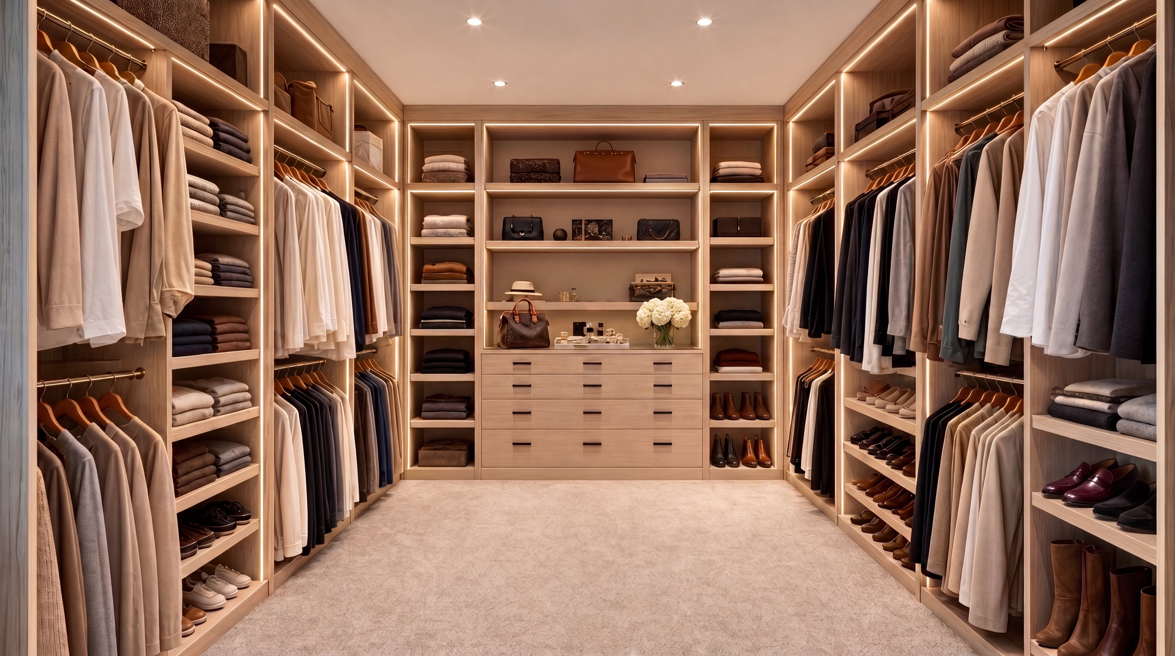 This spacious, modern walk-in closet features custom light-wood cabinetry with integrated LED lighting and extensive hanging and shelving storage. A central bank of drawers adds functionality, while the neutral carpeting and elegant display shelving create a luxurious and organized atmosphere. The design offers ample room for an extensive wardrobe, highlighting high-end finishes and thoughtful layout.