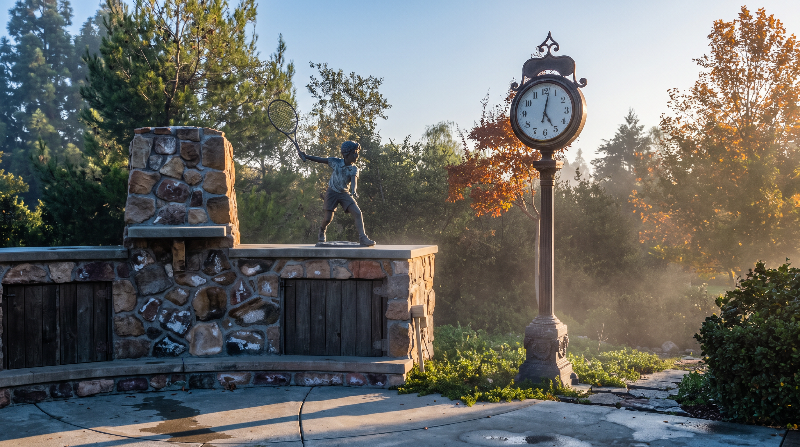 This outdoor community space features a bronze statue of a child playing tennis positioned on a decorative stone base with integrated storage. Beside the statue stands an elegant, vintage-style clock on a pedestal, set against a backdrop of lush trees and landscaping. The scene conveys a well-maintained, picturesque atmosphere typical of a residential community park or recreational area.