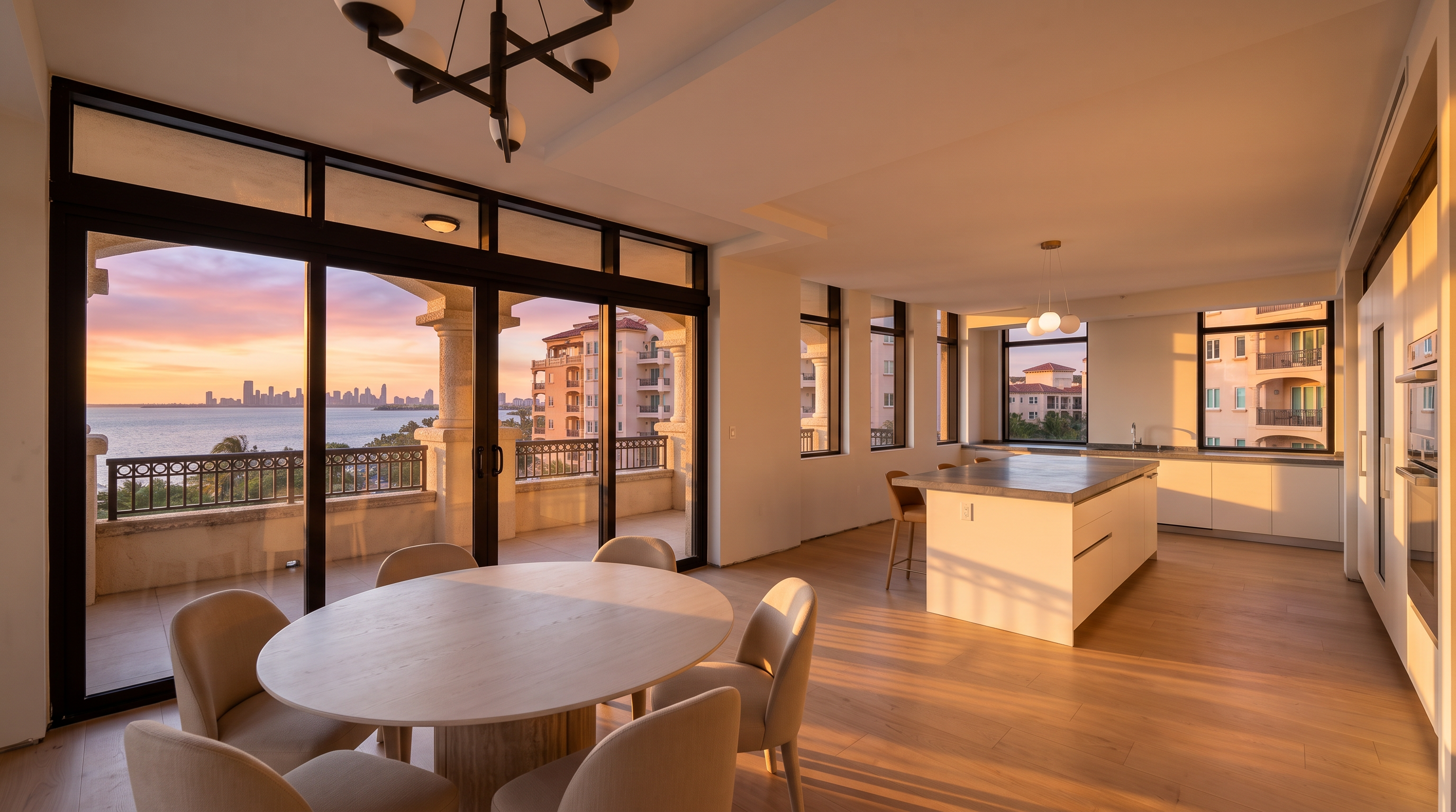 This bright, open-plan kitchen and dining area features a sleek center island with a stone countertop and a contemporary round dining table set for guests. The space is flooded with warm sunset light through expansive floor-to-ceiling glass doors that open onto a beautiful balcony overlooking the water and city skyline. The minimalist design, neutral color palette, and high-quality finishes create an elegant and inviting atmosphere.