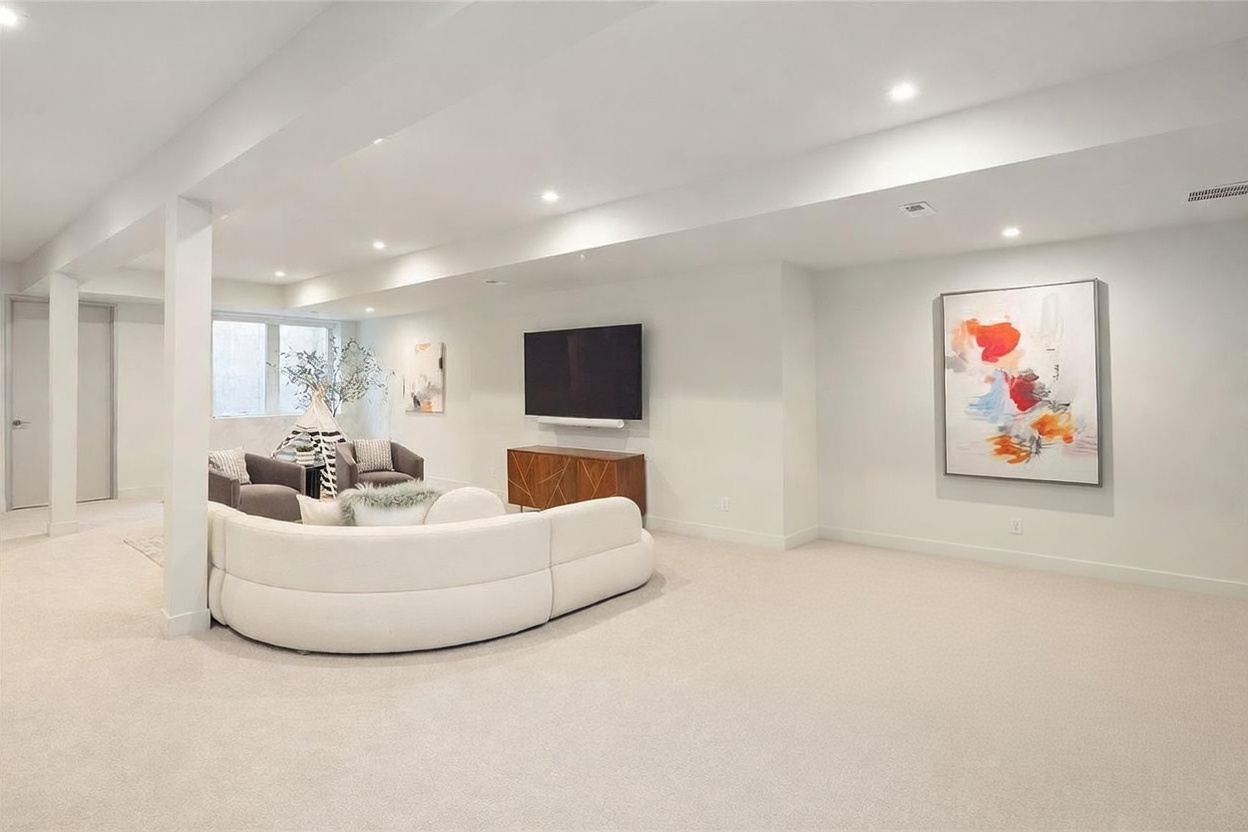 This spacious, modern basement features a bright, open-concept layout with neutral carpeting and recessed lighting throughout. The area is divided into a comfortable lounge space with a curved white sofa and a television, and a dining nook furnished with a glass-topped table and four black chairs. A large, colorful abstract painting serves as a focal point on the wall, while a wooden media console adds warmth to the clean, minimalist aesthetic.
