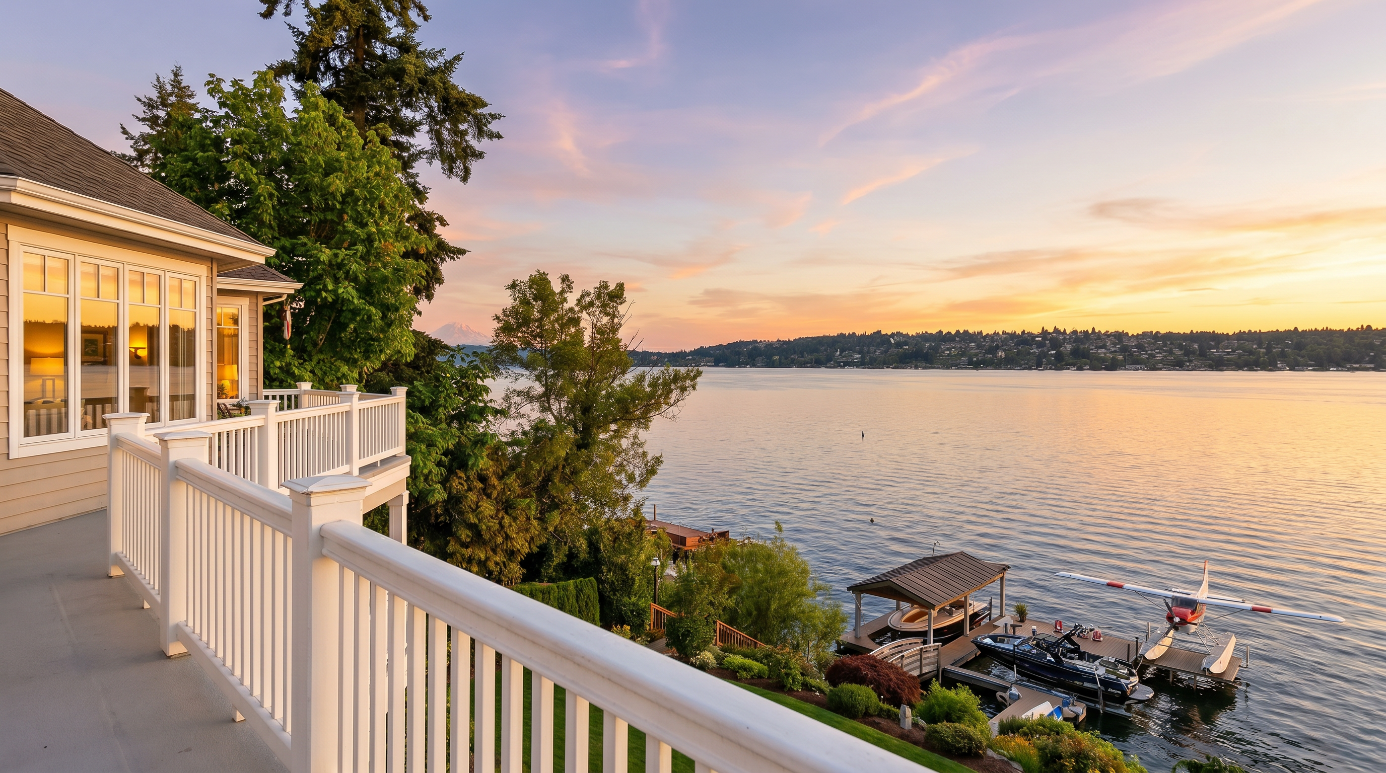 This elevated perspective from a white-railed balcony offers a breathtaking, panoramic view of a large, serene lake under a clear blue sky. In the foreground, a private dock features a boat slip and a seaplane moored alongside, while the distant shoreline is densely populated with trees and homes. The scene captures a tranquil, high-end waterfront lifestyle with a majestic mountain peak visible in the far distance.