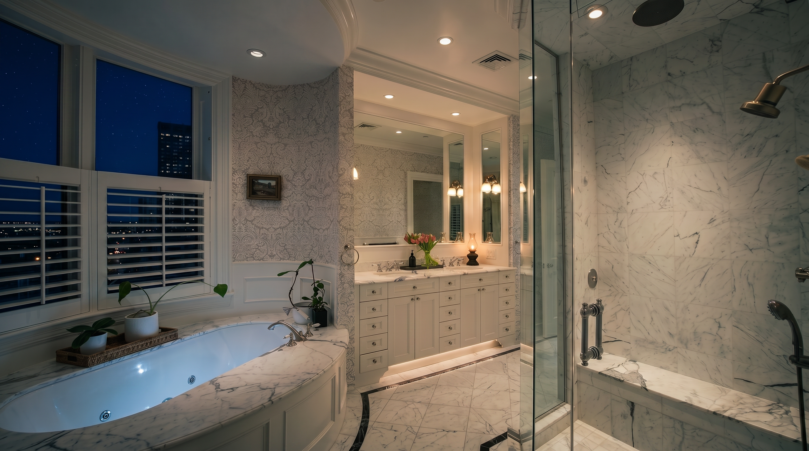 This luxurious primary bathroom features a spacious walk-in shower with a built-in stone bench and a separate soaking tub set against a window with plantation shutters. The room is finished with elegant patterned wallpaper, a double vanity with ample storage, and light-toned stone flooring with a dark border. The perspective captures the entire layout, highlighting the bright, airy atmosphere and high-end finishes.