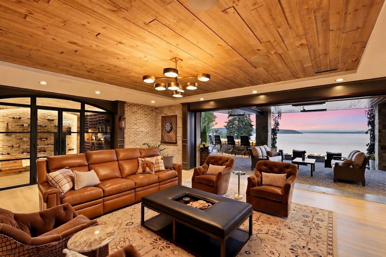 This expansive living room features a warm, rustic aesthetic with a wood-plank ceiling and a brick accent wall. A large leather sofa and matching armchairs are arranged around a central ottoman, while a glass-enclosed wine cellar is visible to the left. The room seamlessly transitions to an outdoor patio through wide-opening doors, offering a panoramic view of the water at sunset.