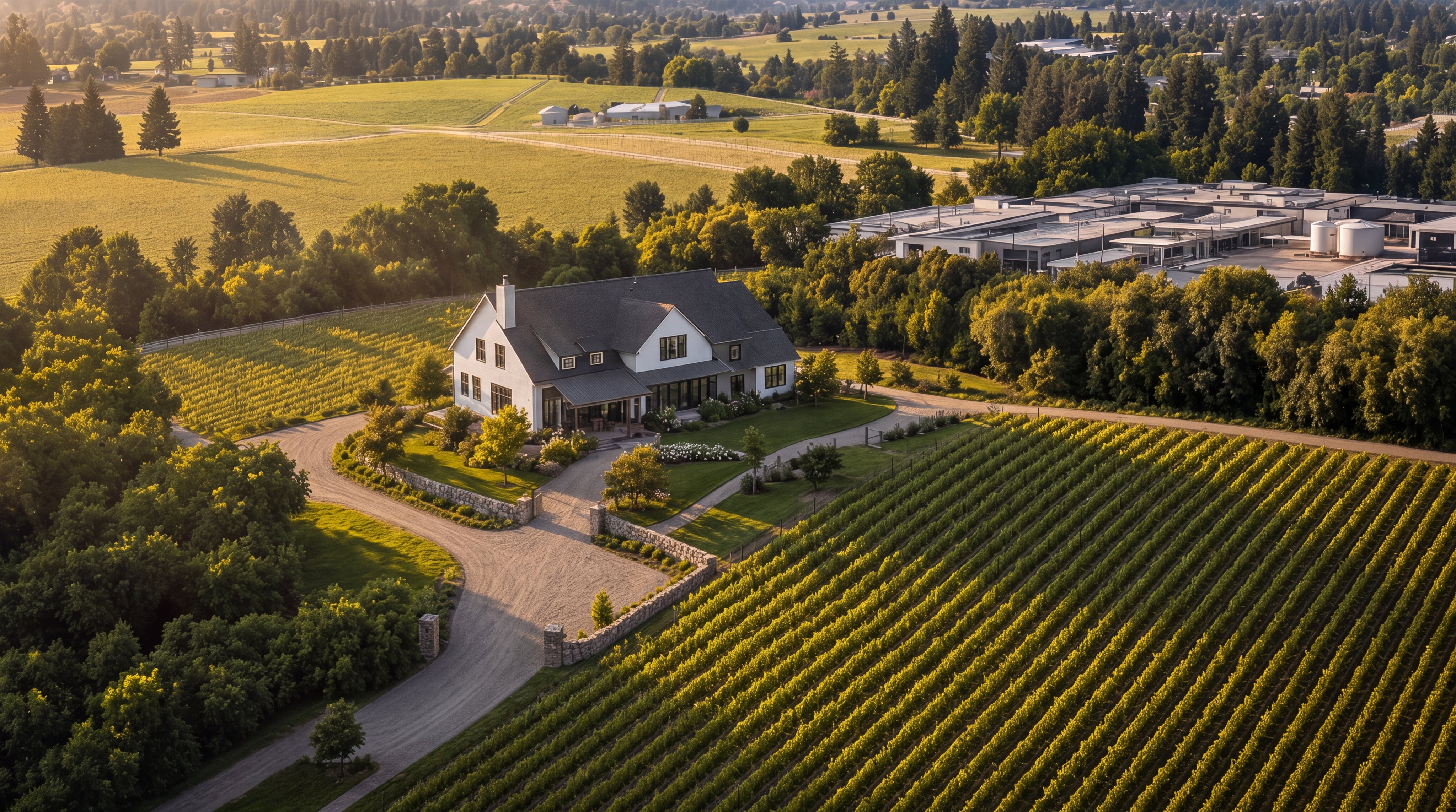 This stunning aerial view captures a sophisticated modern farmhouse nestled within a lush vineyard setting. The property features extensive rolling grounds, meticulous landscaping, and a grand, multi-gabled white residence that exudes charm and elegance. Its expansive rural surroundings and proximity to a neighboring facility offer a unique blend of agricultural beauty and accessible infrastructure.
