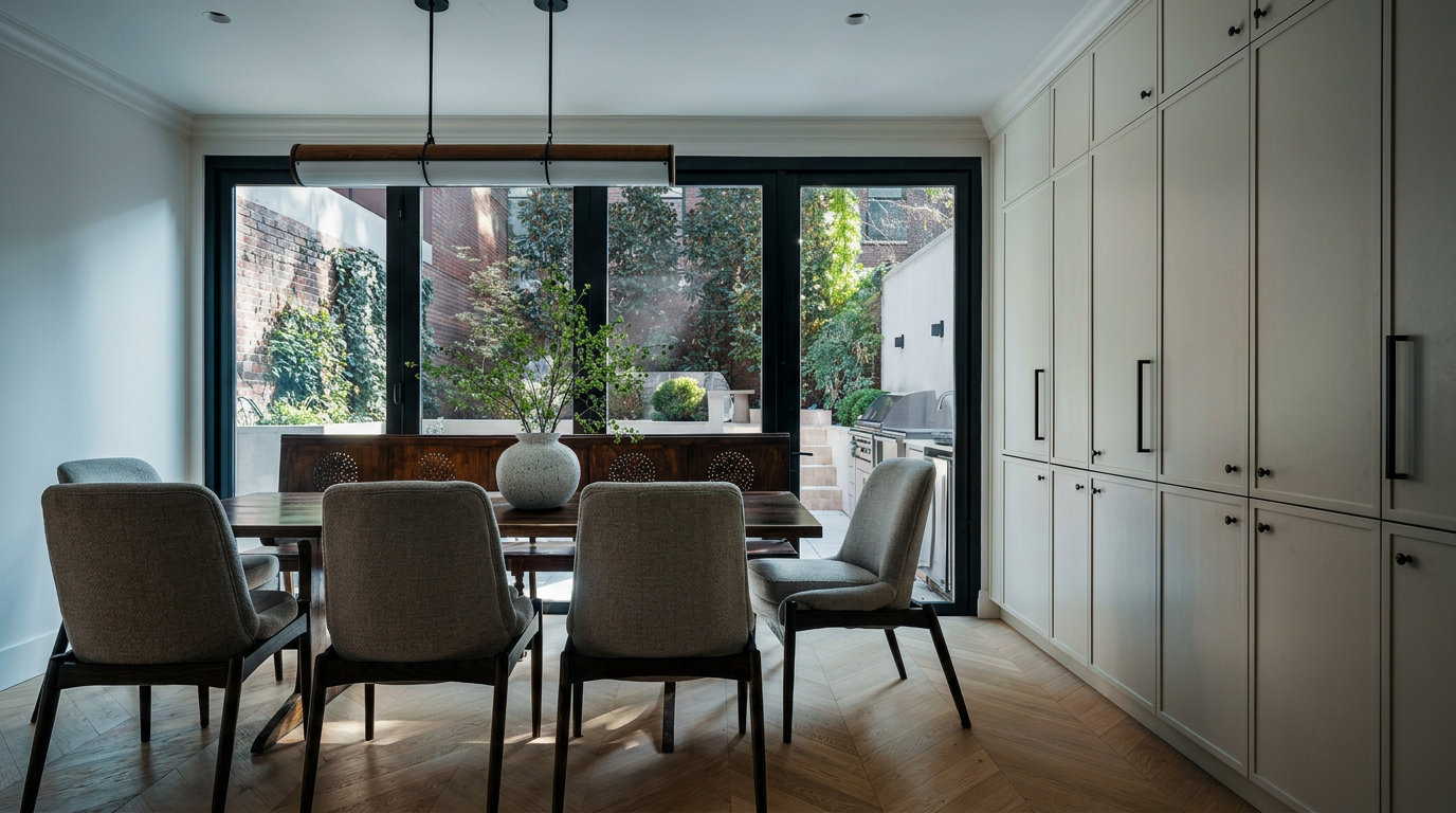 This elegant dining room features a warm, minimalist aesthetic with light herringbone wood flooring and a dark wood dining set. A large, modern linear pendant light hangs above the table, which is positioned in front of expansive floor-to-ceiling glass doors that provide a seamless view of a lush, private outdoor patio and garden. The space is complemented by built-in cabinetry, creating a sophisticated and airy atmosphere perfect for refined entertaining.